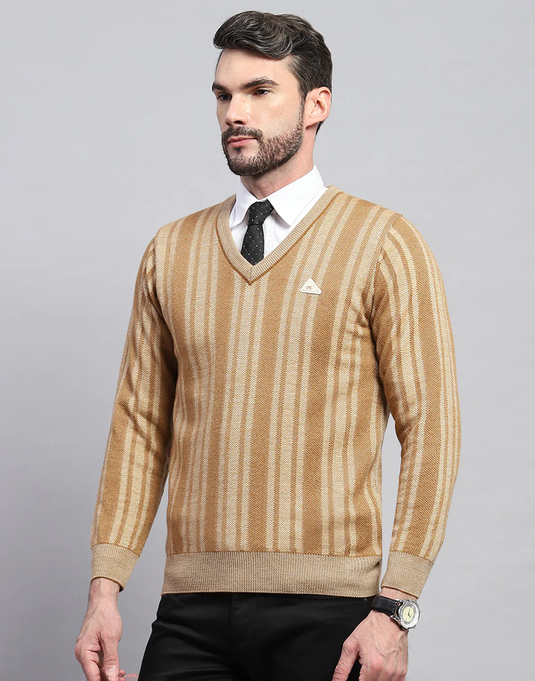 Men Beige Stripe V Neck Full Sleeve Pullover