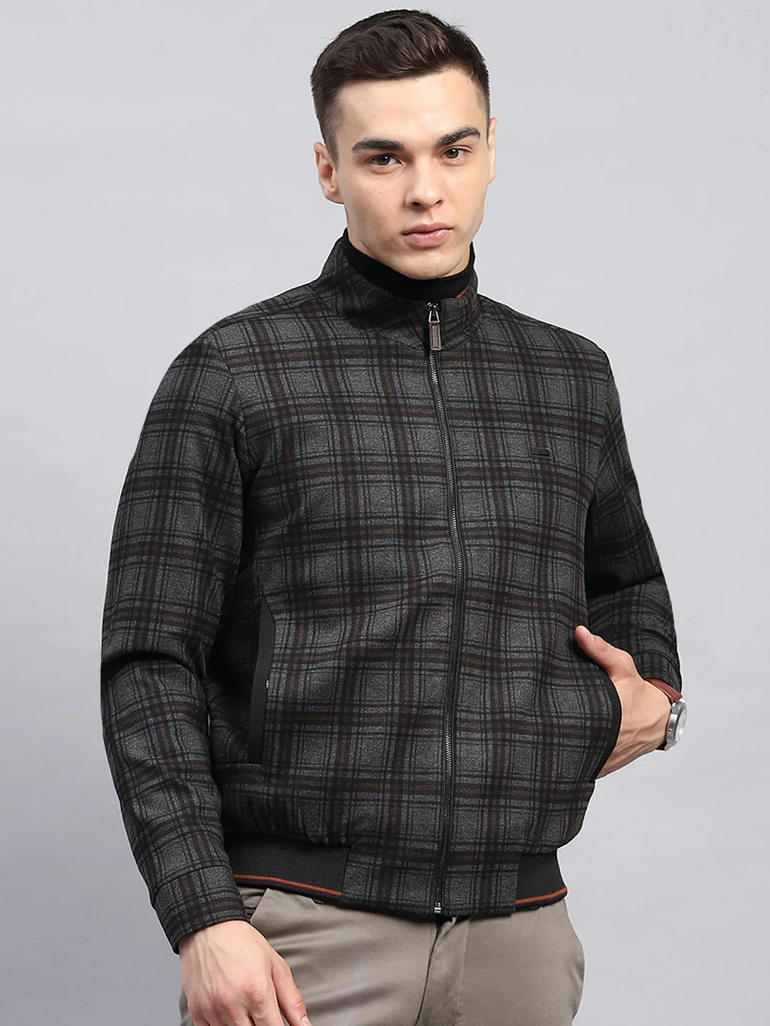 Men Black Check Mock Neck Full Sleeve Knitted Jacket
