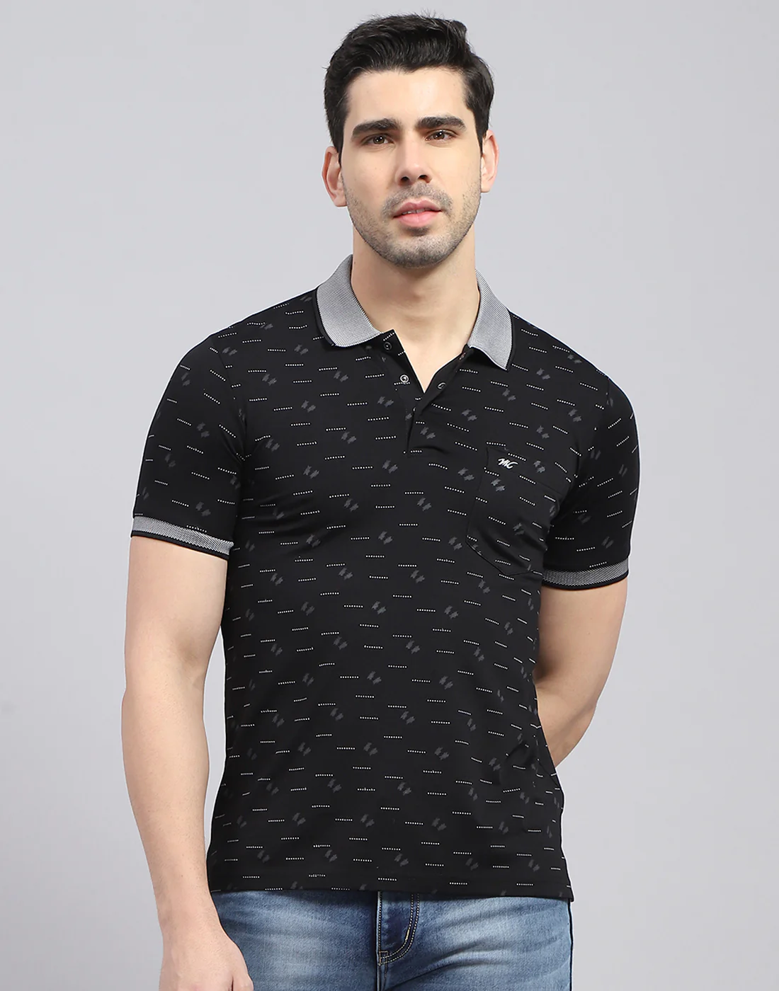 Men Black Printed Polo Collar Half Sleeve T-Shirt