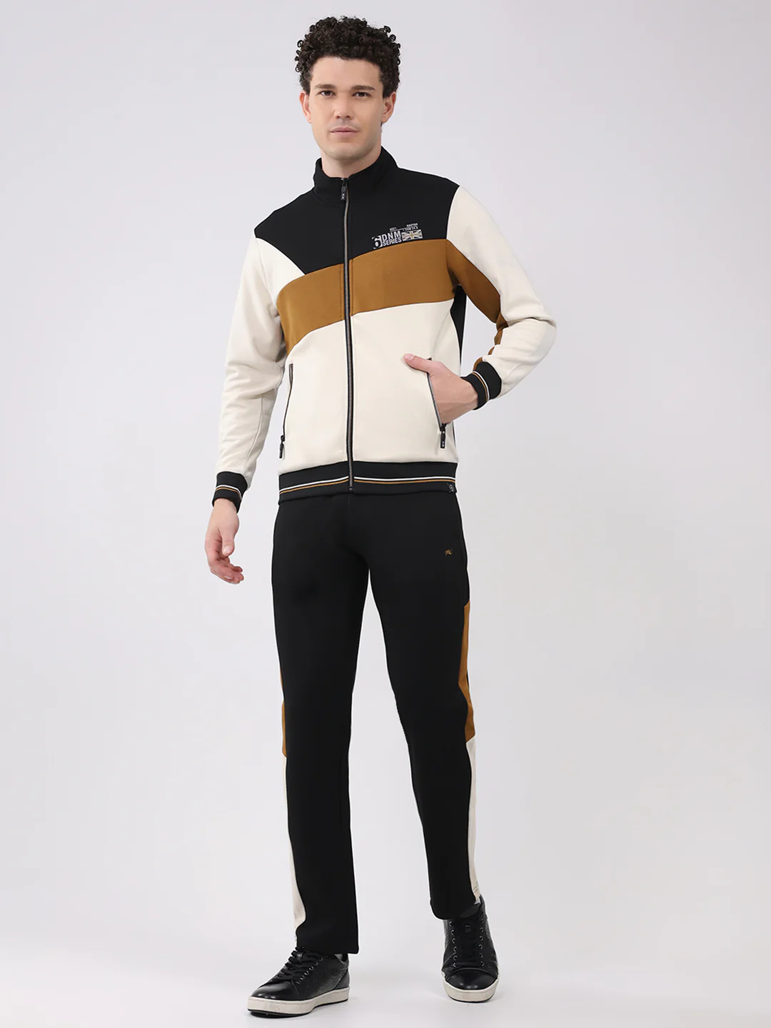 Men Black Printed Round Neck Full Sleeve Winter Tracksuit