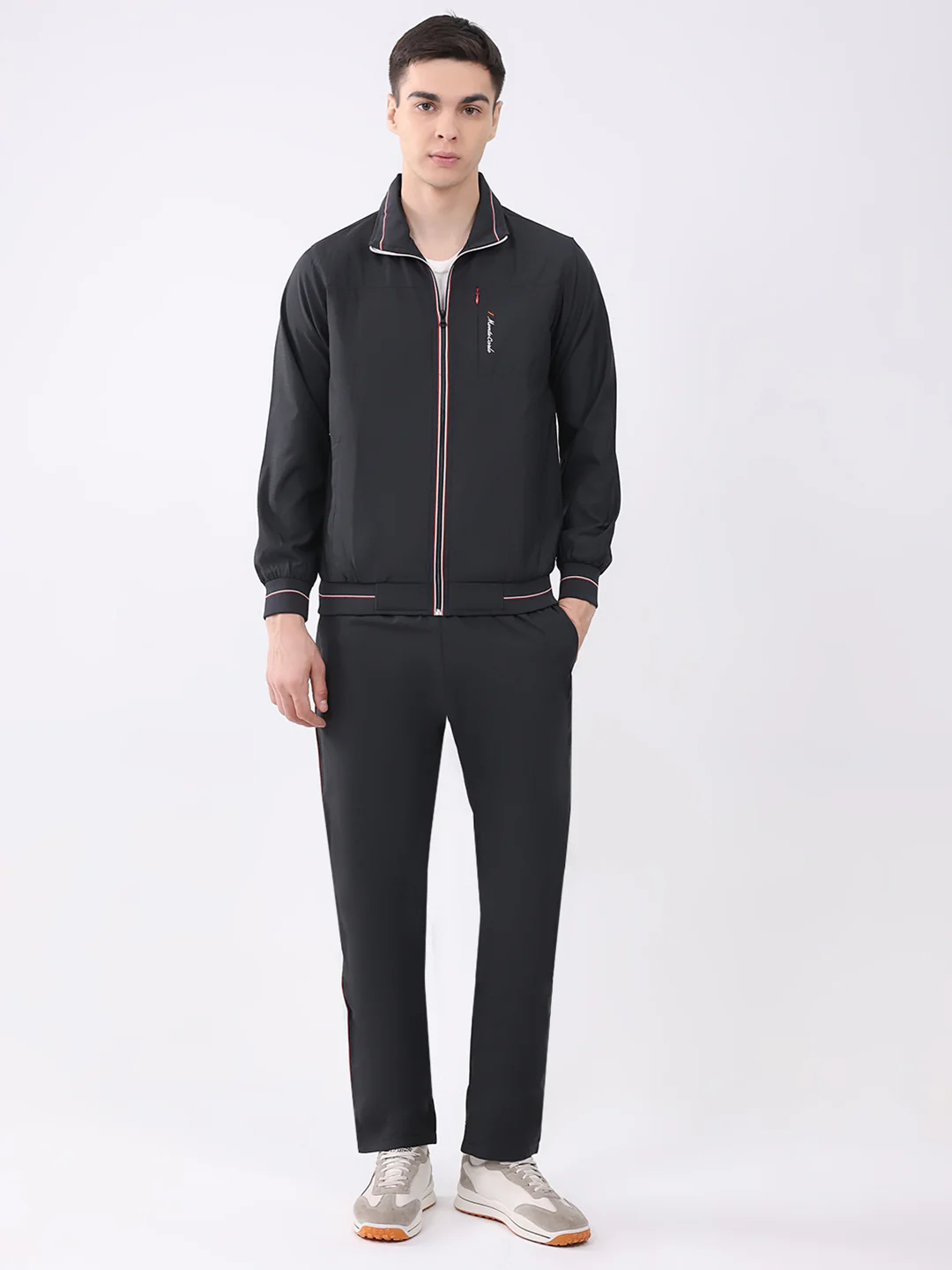 Men Black Printed Round Neck Full Sleeve Winter Tracksuit