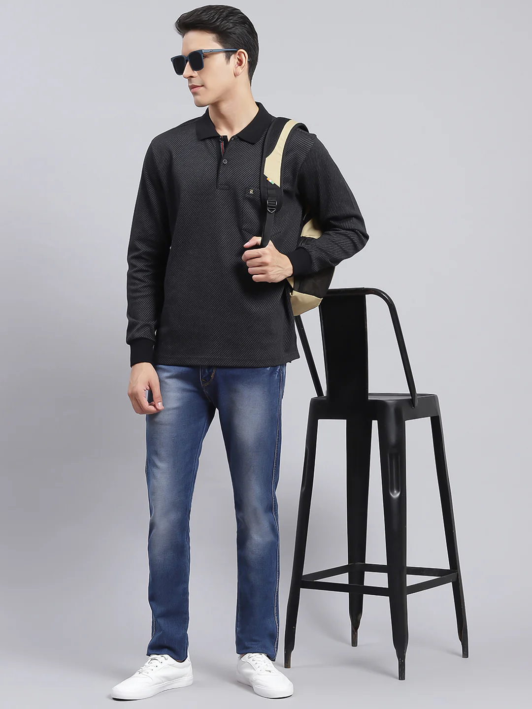 Men Black Self Design Cotton Blend T-Shirt