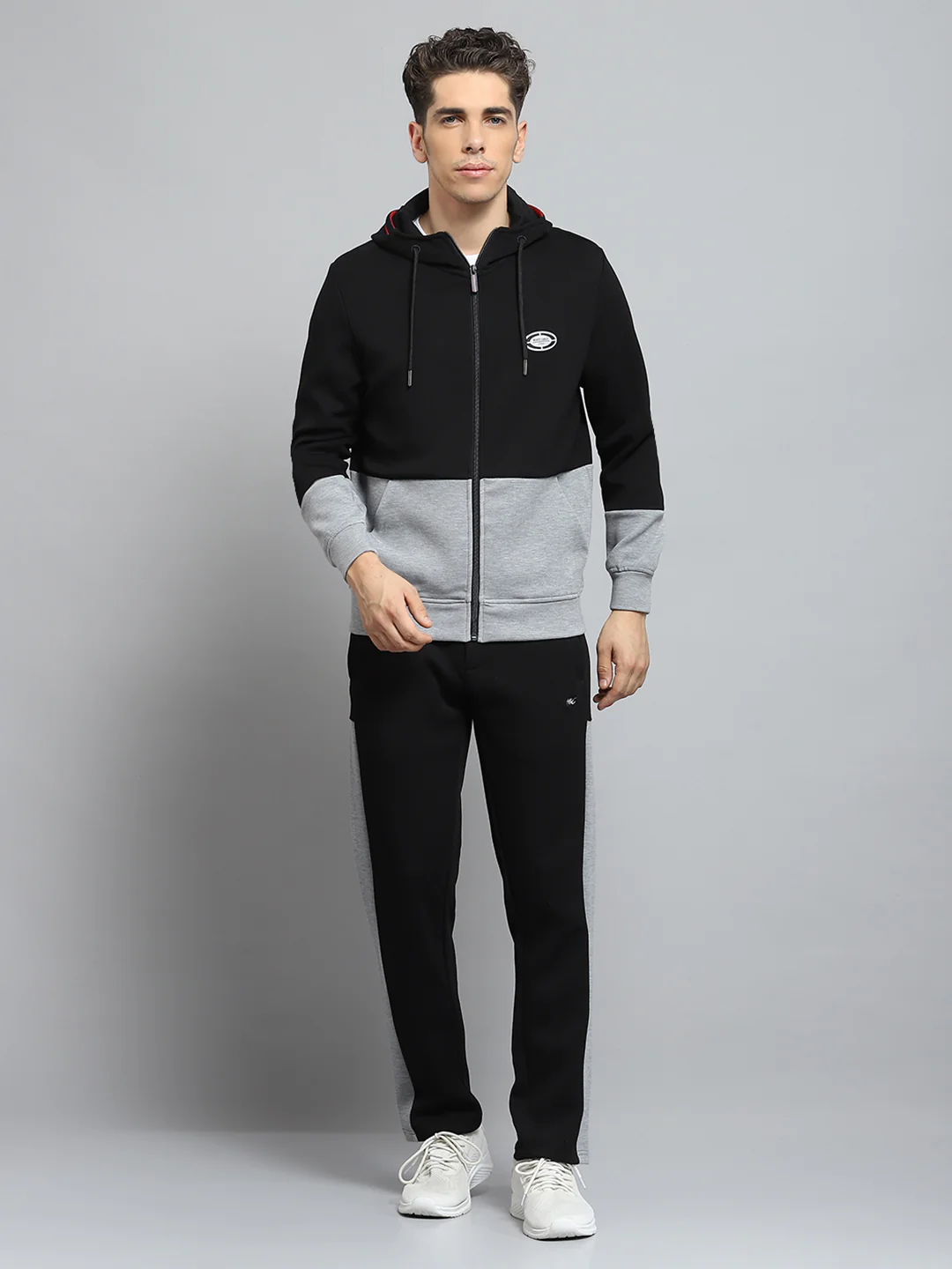 Men Black Self Design Hooded Full Sleeve Winter Tracksuit