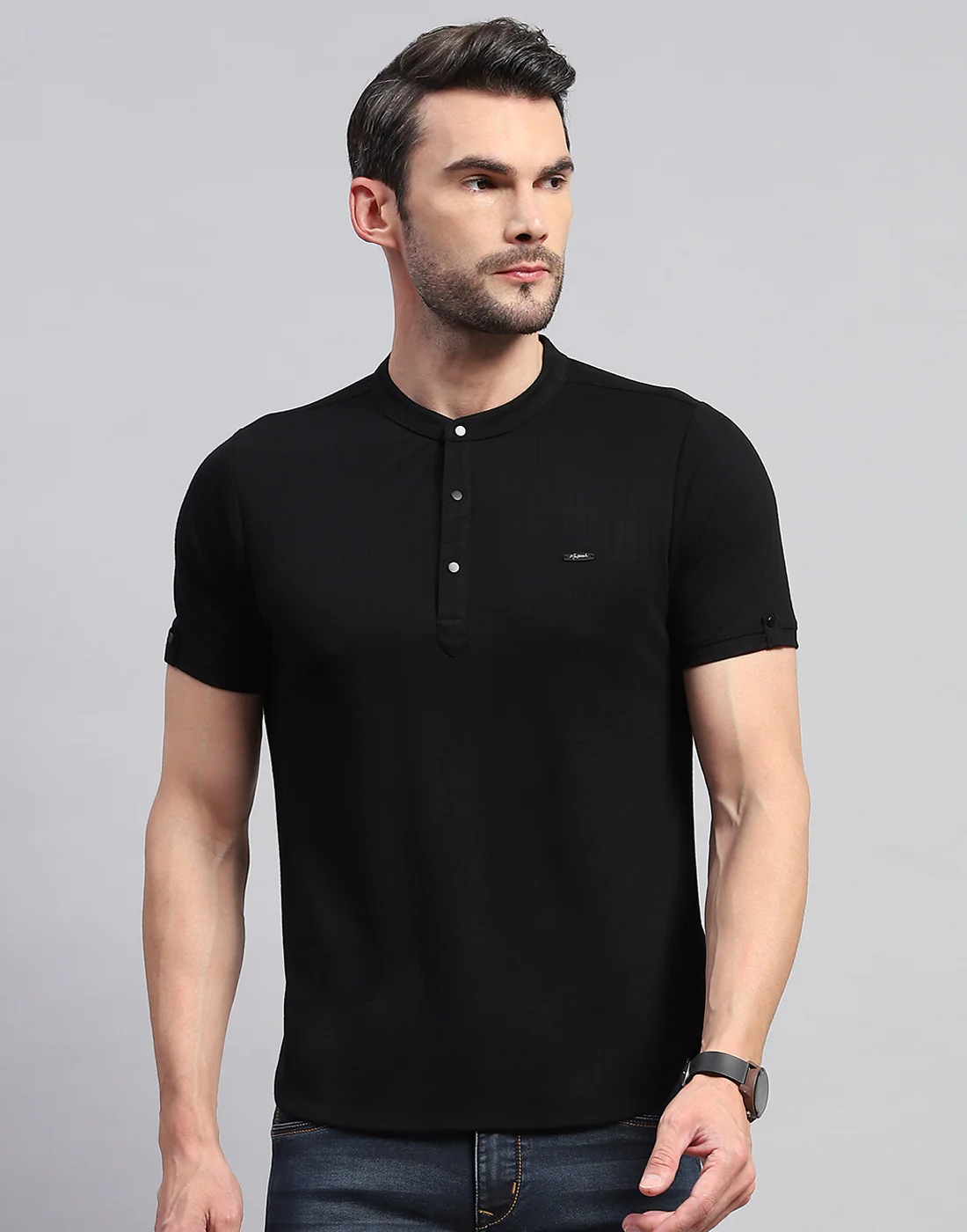 Men Black Solid Band Collar Half Sleeve T-Shirt