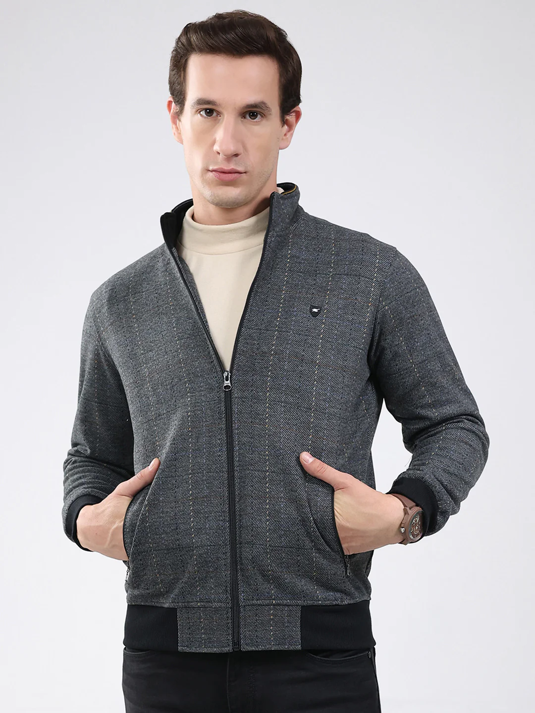 Men Black Solid Band Neck Full Sleeve Sweatshirt