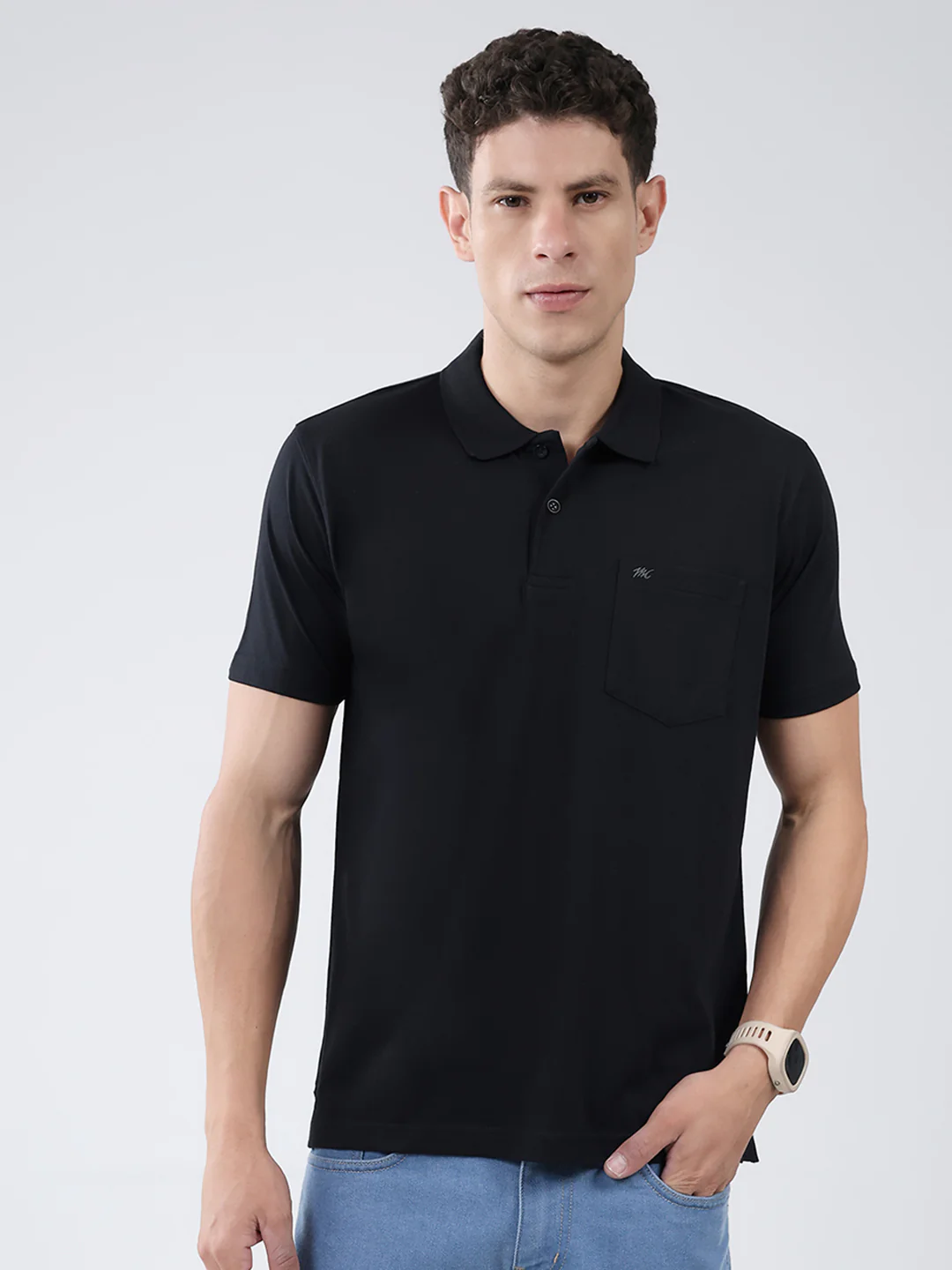 Men Black Solid Collar Half Sleeve T-Shirt