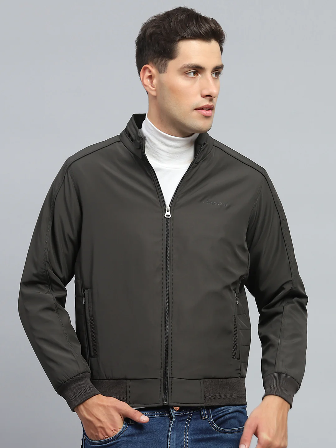 Men Black Solid Mock Neck Full Sleeve Jacket