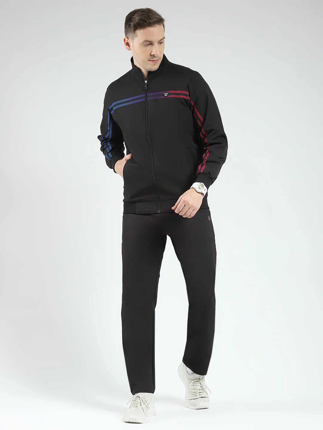 Men Black Solid Mock Neck Full Sleeve Winter Tracksuit