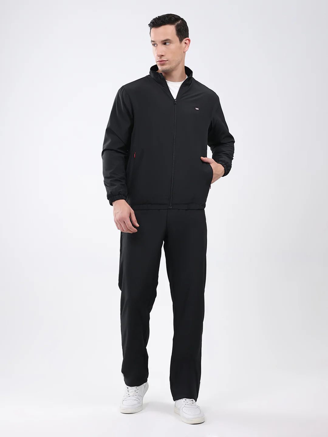 Men Black Solid Mock Neck Full Sleeve Winter Tracksuit