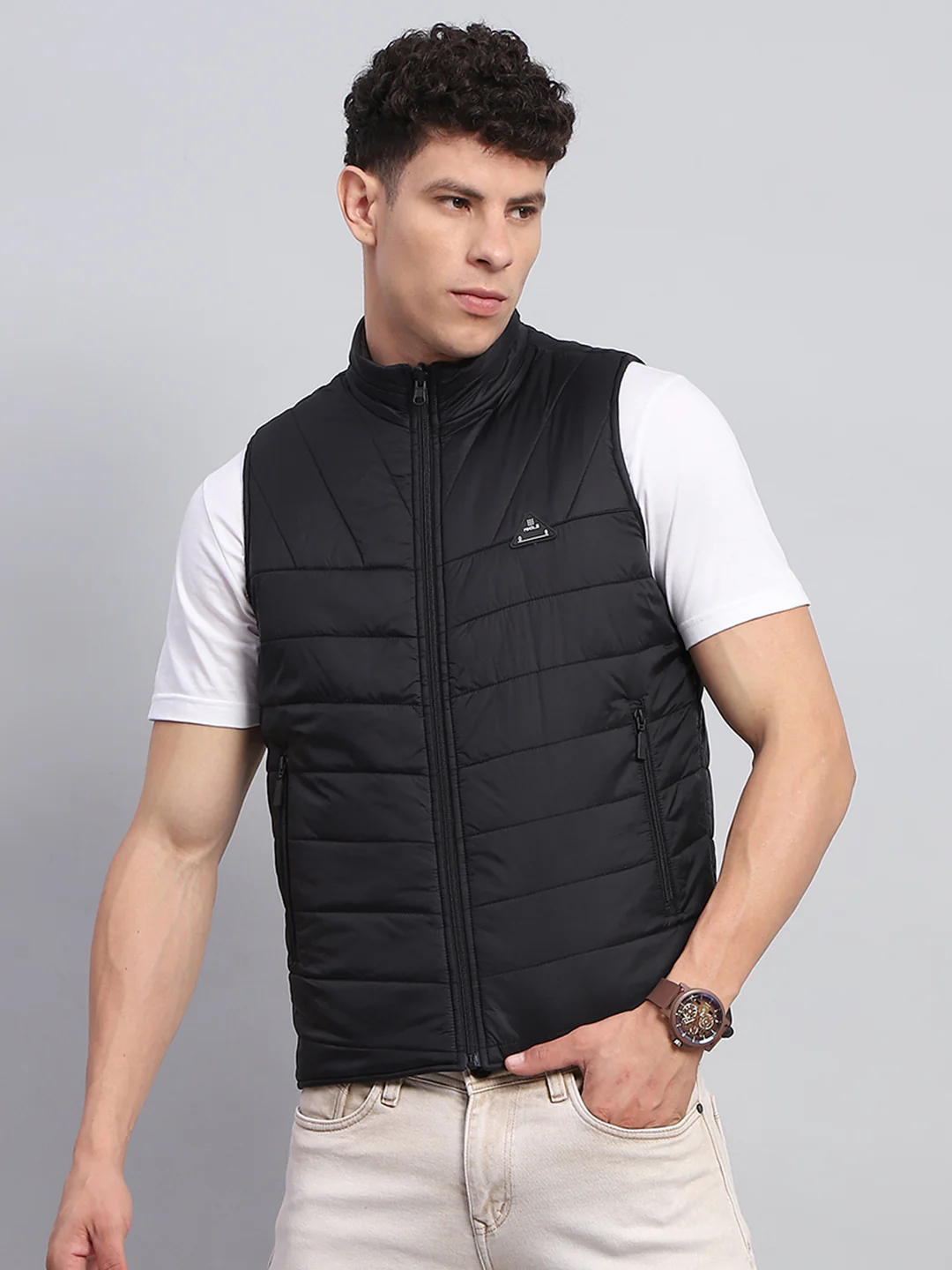 Rock.it Men Black Solid Mock Neck Sleeveless Jacket