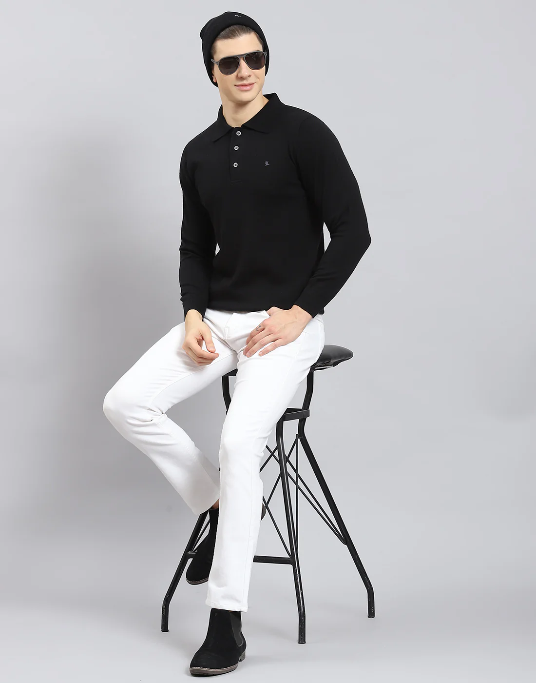 Men Black Solid Polo Collar Full Sleeve T-Shirt