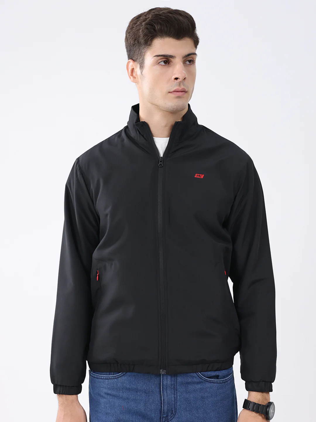 Men Black Solid Stand Collar Full Sleeve Jacket