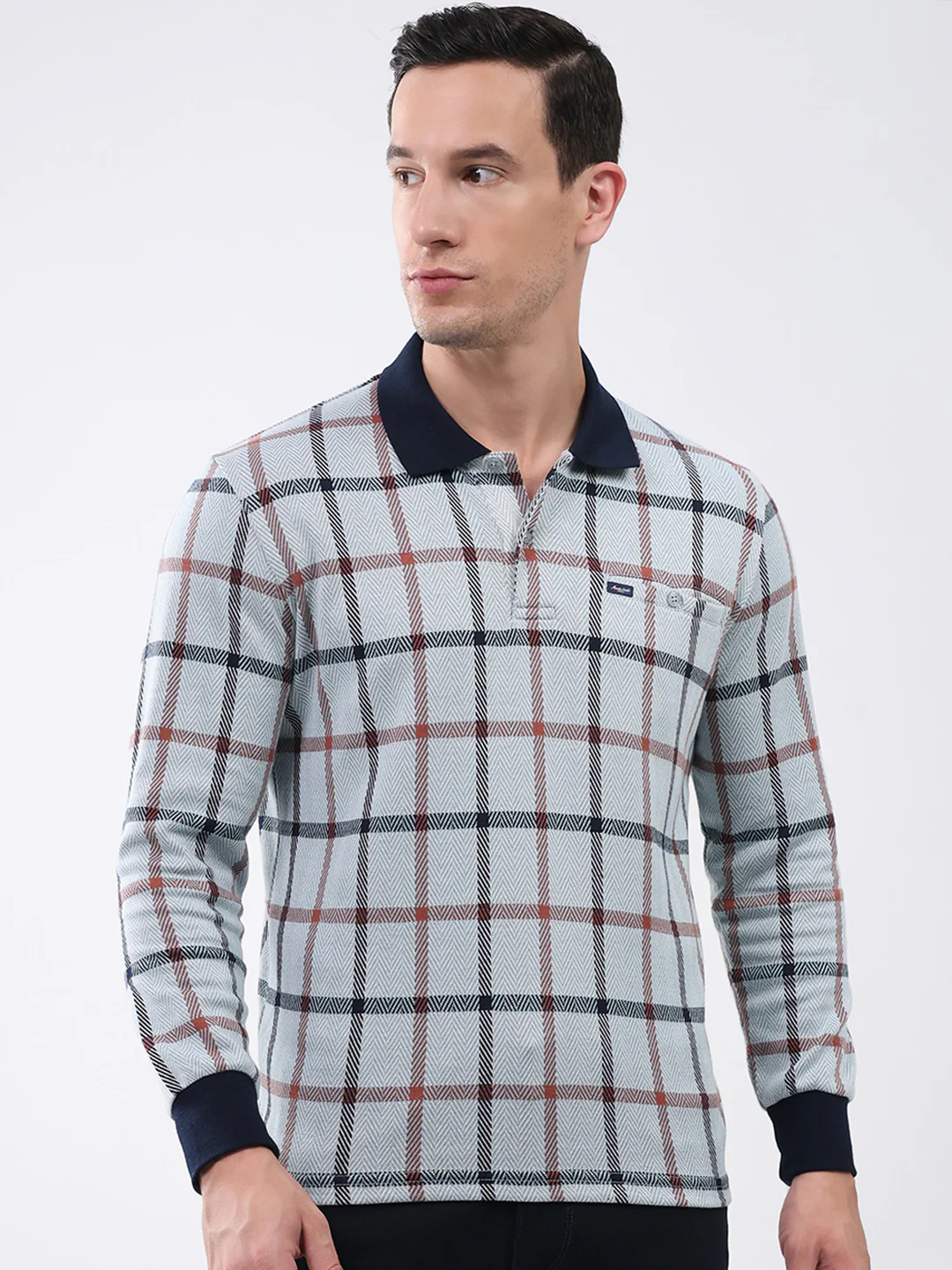 Men Blue Abstract Collar Full Sleeve Winter T-Shirt