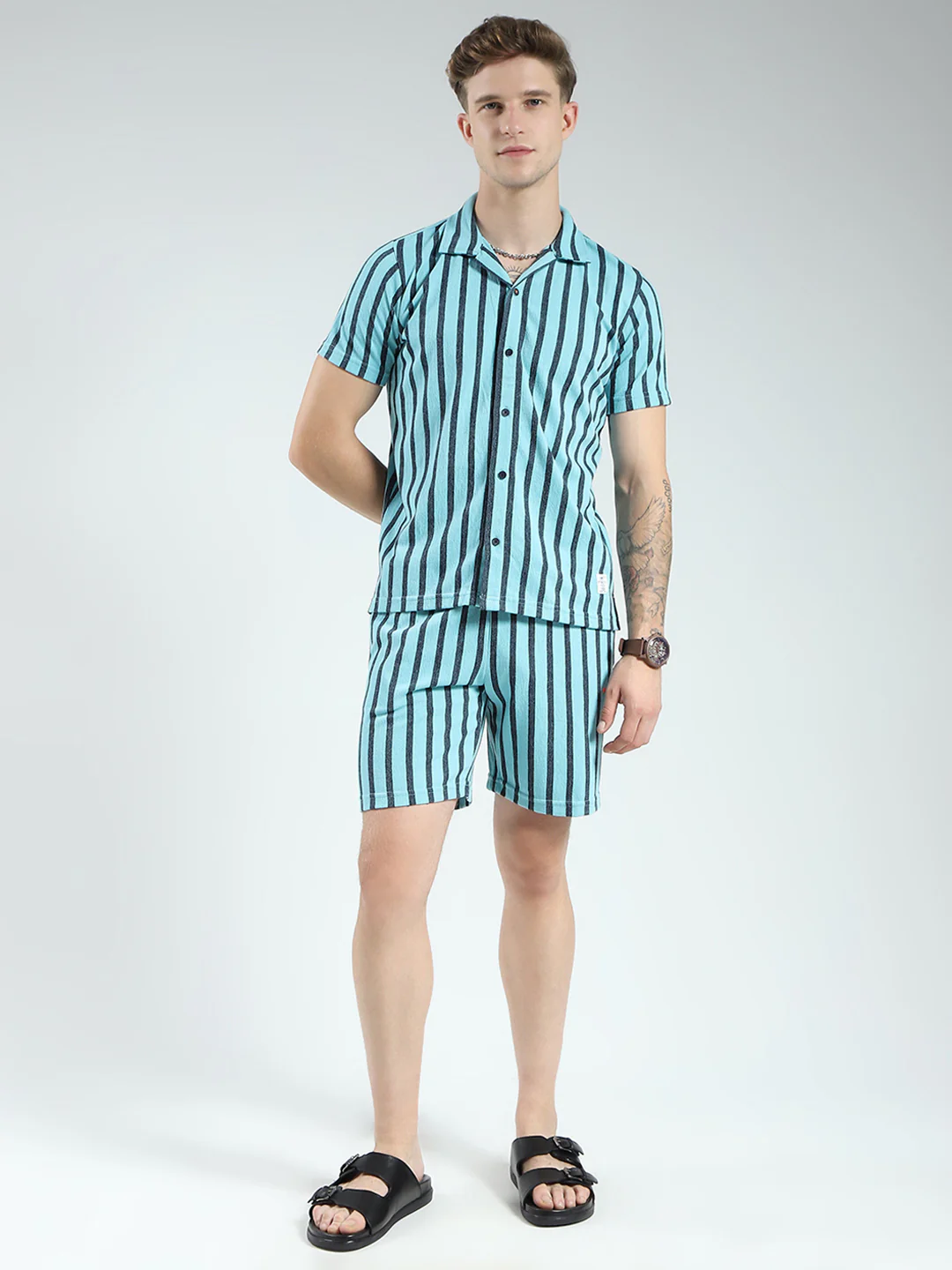 Men Blue Printed Collar Half Sleeve Bermuda Set