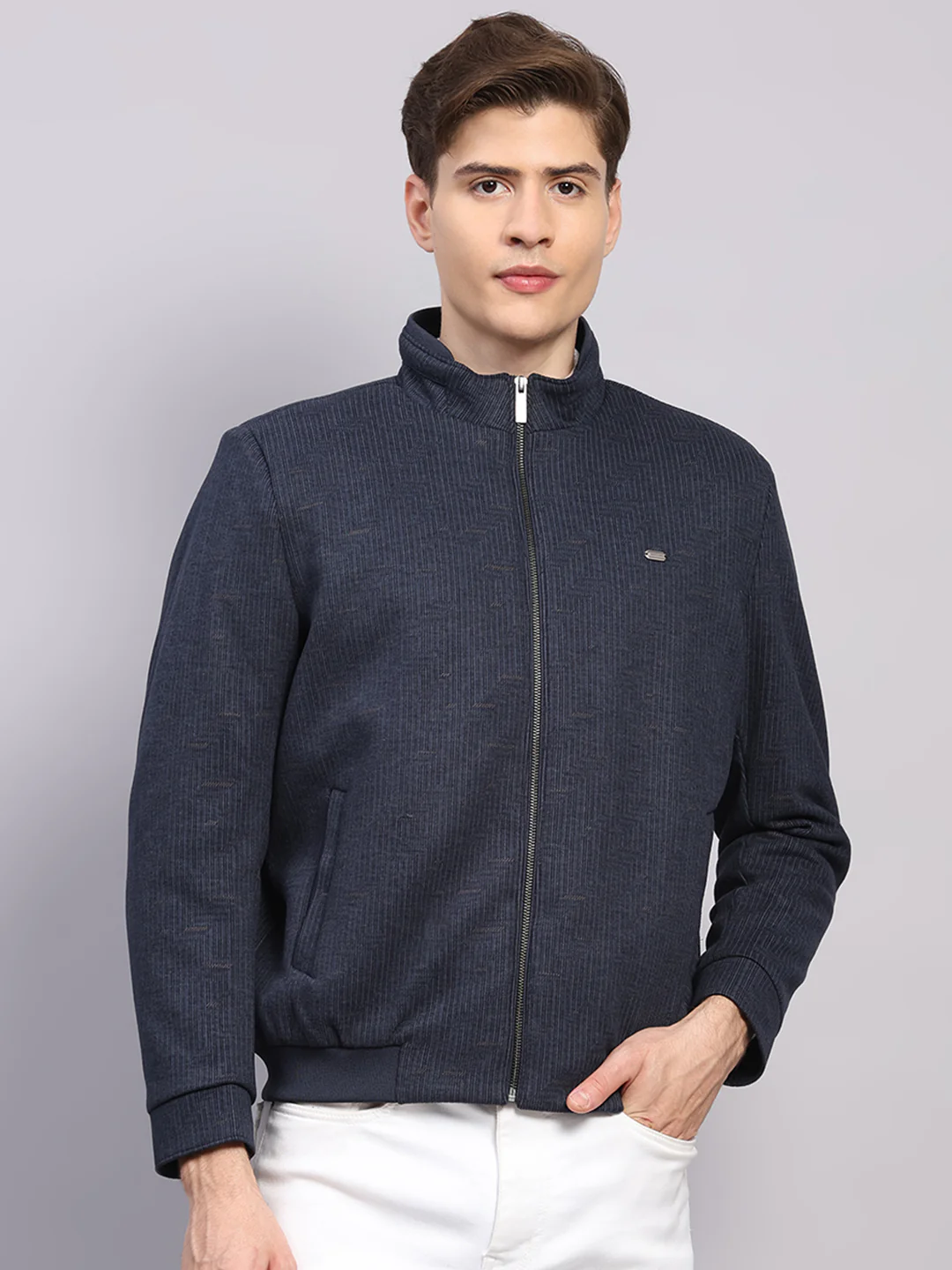 Men Blue Printed Mock Neck Full Sleeve Jacket