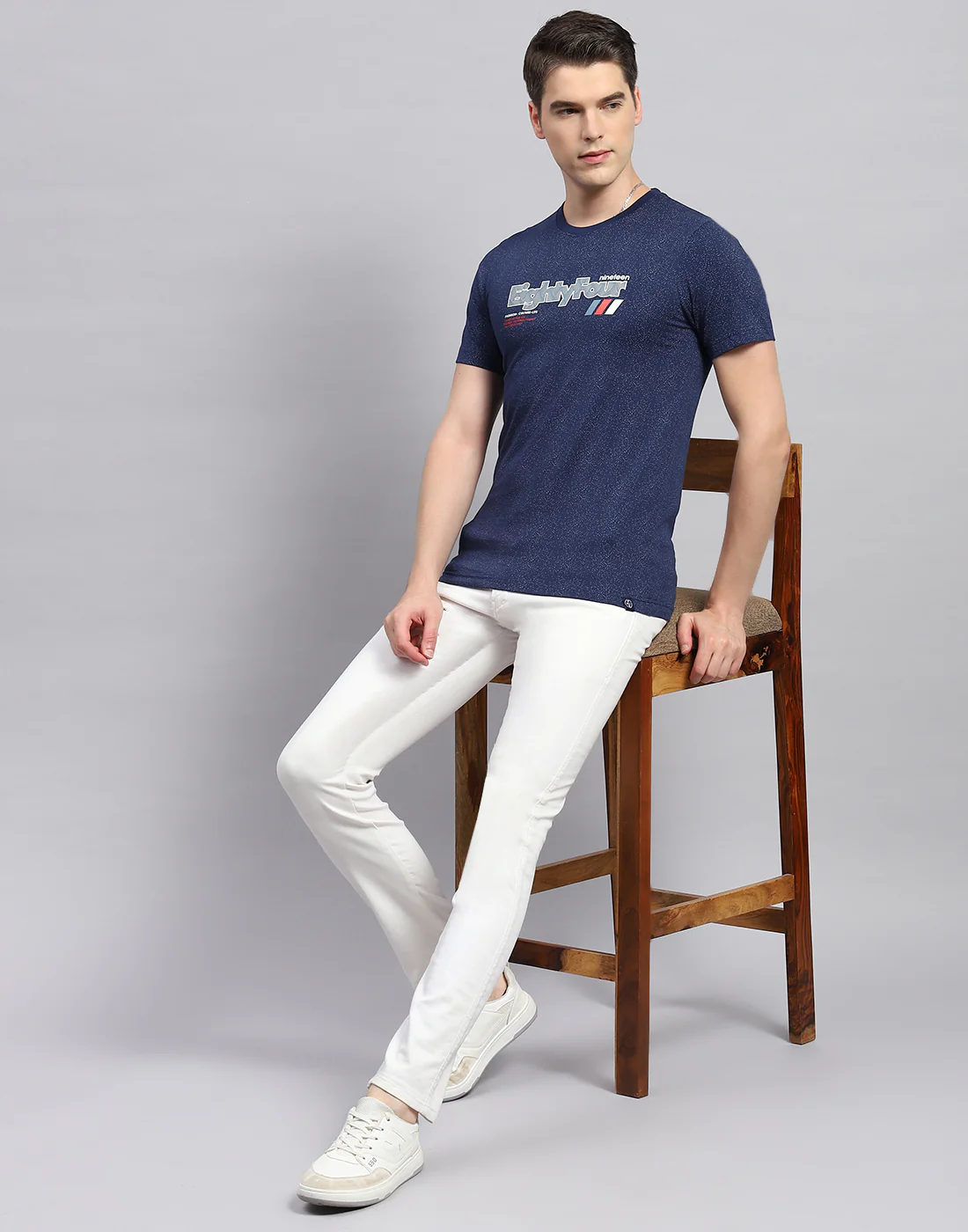 Men Blue Printed Round Neck Half Sleeve T-Shirt - Image 2