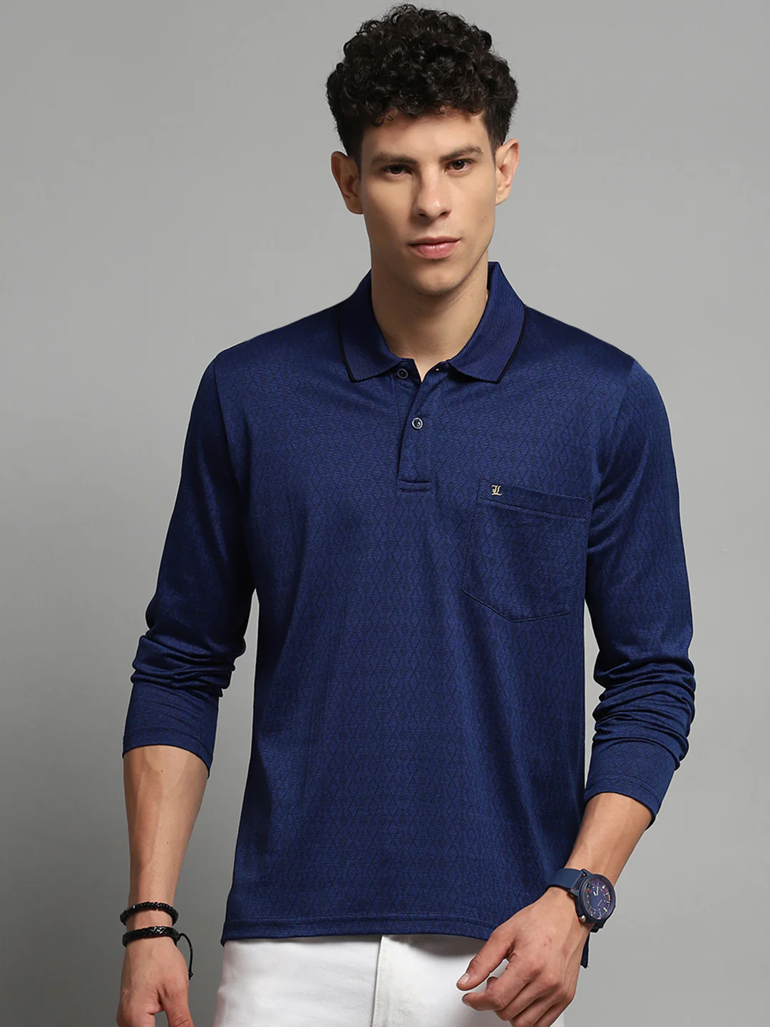 Luxuria Men Blue Self Design Collar Full Sleeve Winter T-Shirt