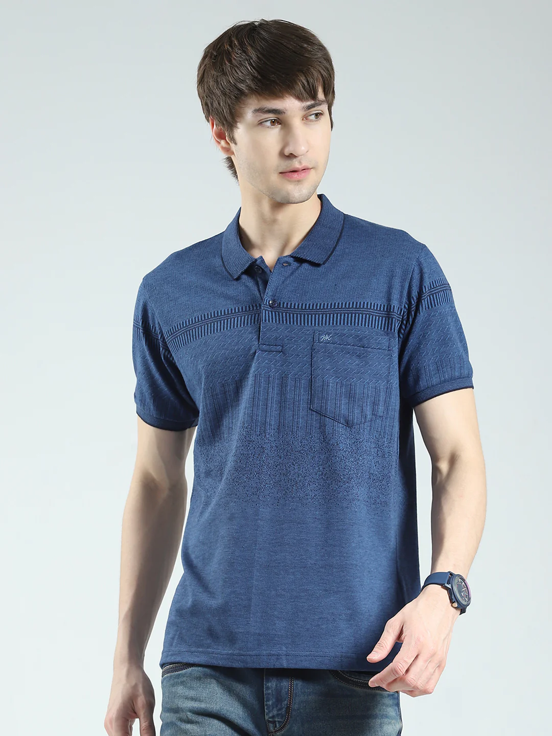 Men Blue Self Design Collar Half Sleeve T-Shirt