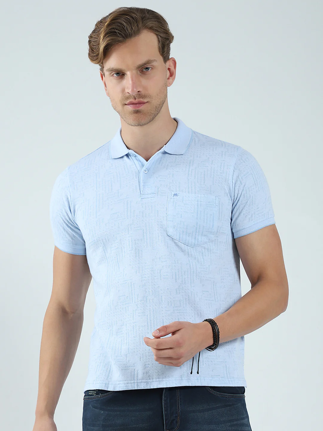 Men Blue Self Design Collar Half Sleeve T-Shirt