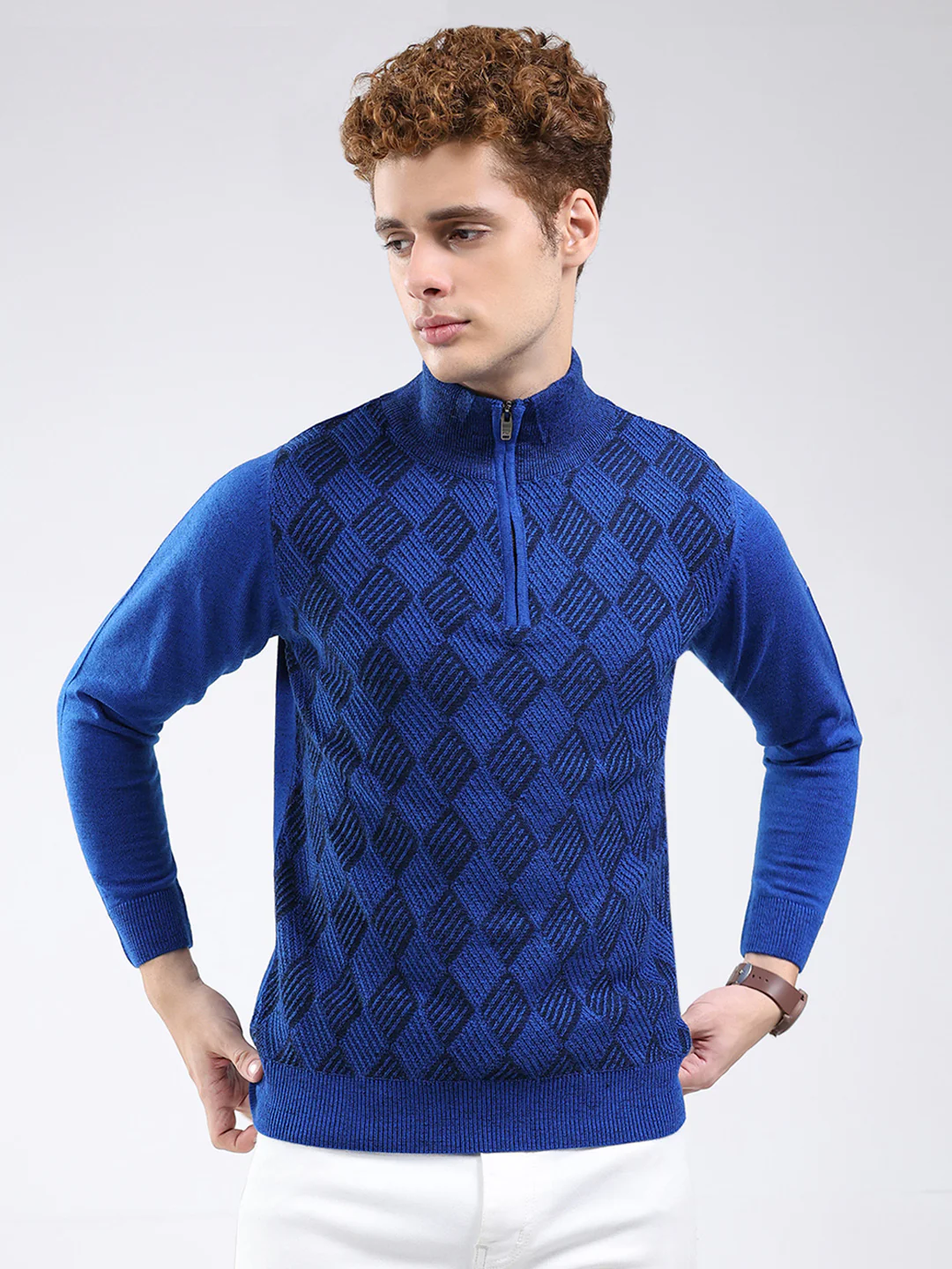 Men Blue Self Design Mock Neck Full Sleeve Pullover