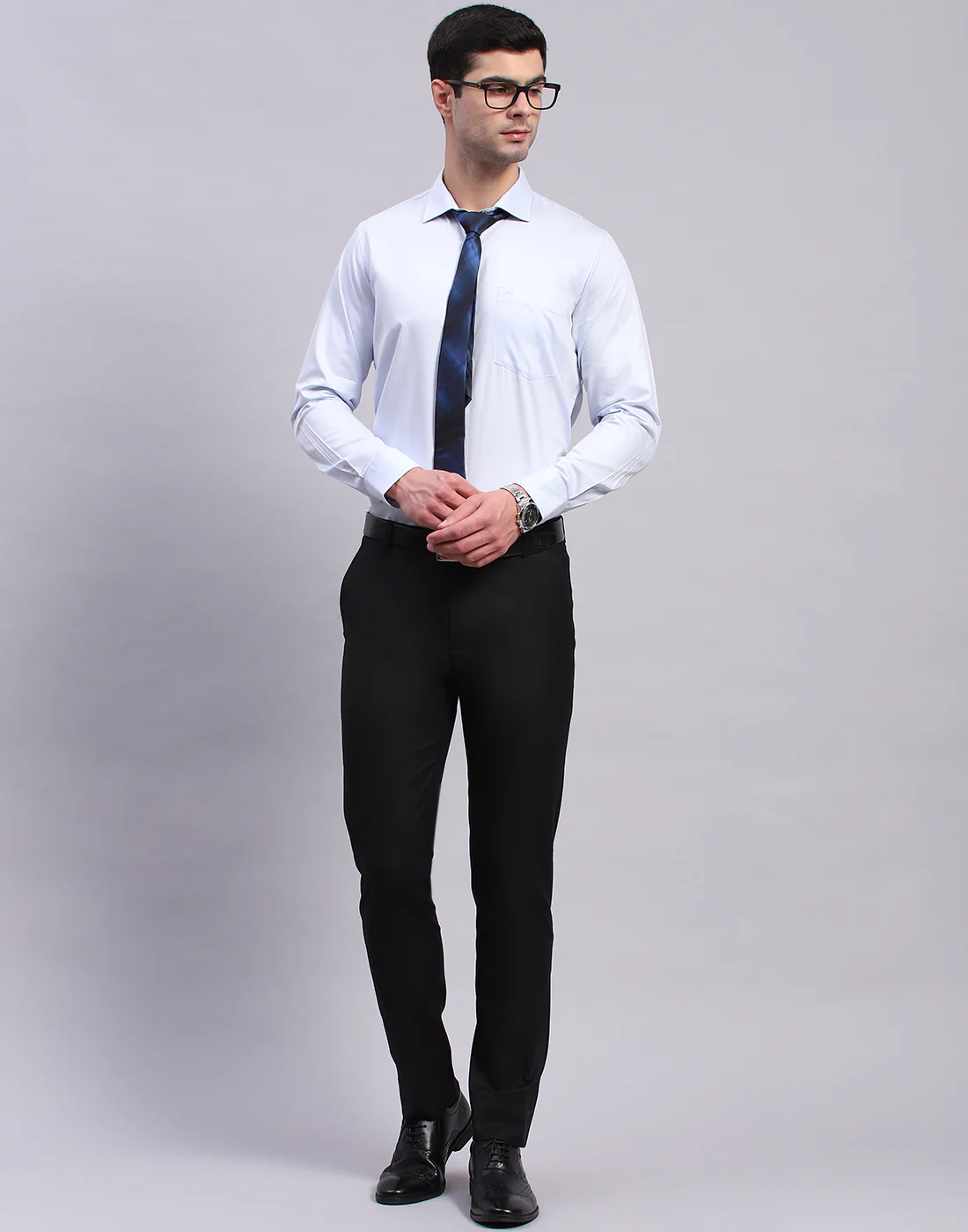Men Blue Solid Collar Full Sleeve Shirt - Image 2