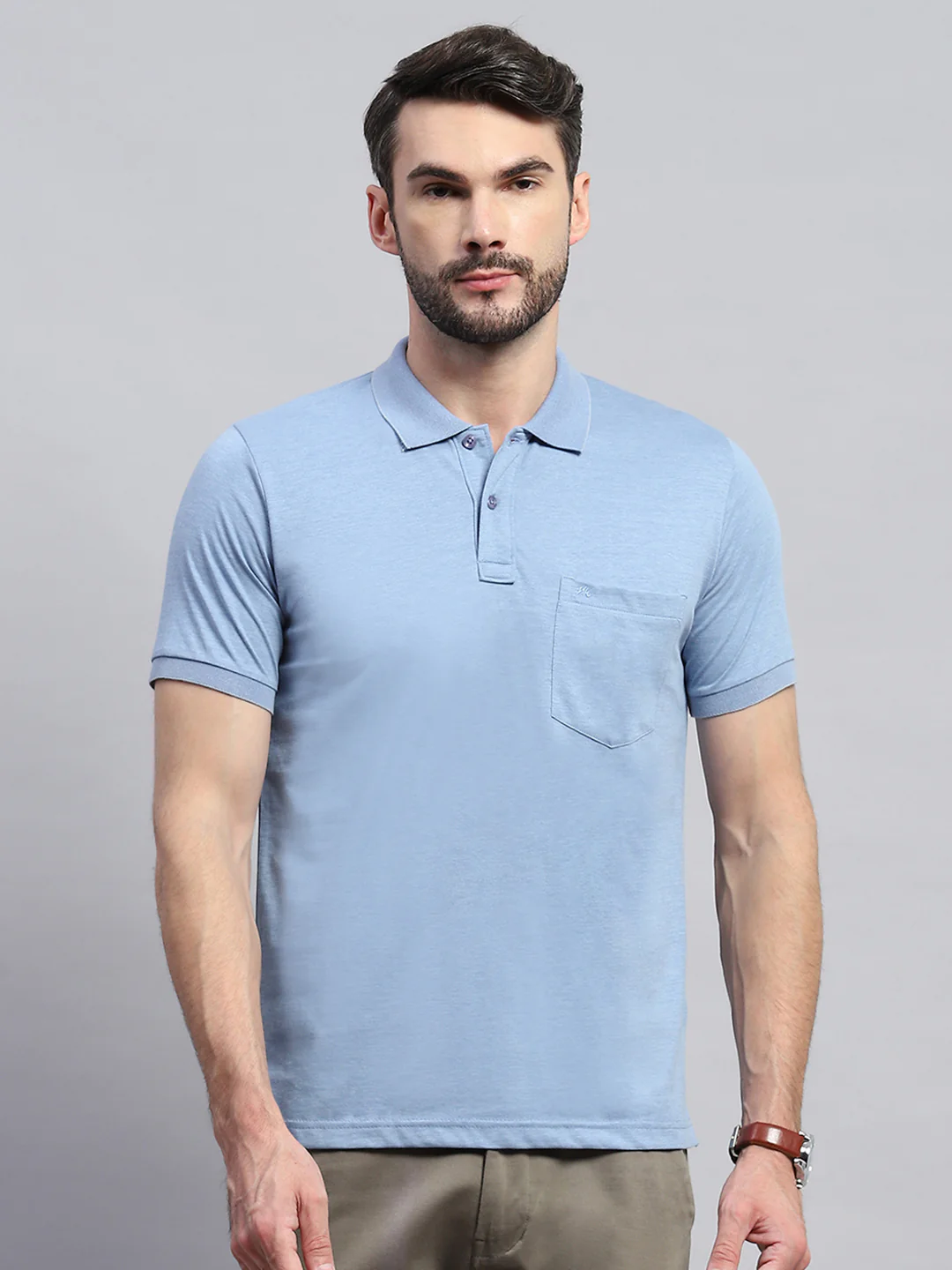Men Blue Solid Collar Half Sleeve T-Shirt - Image 2