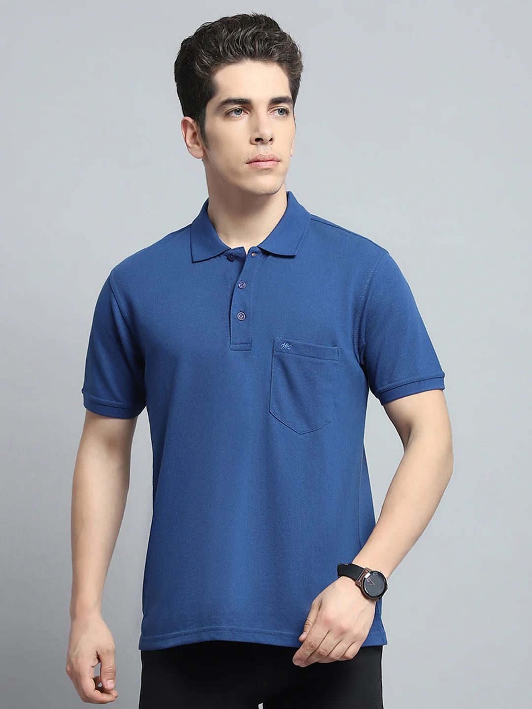 Men Blue Solid Collar Half Sleeve T-Shirt