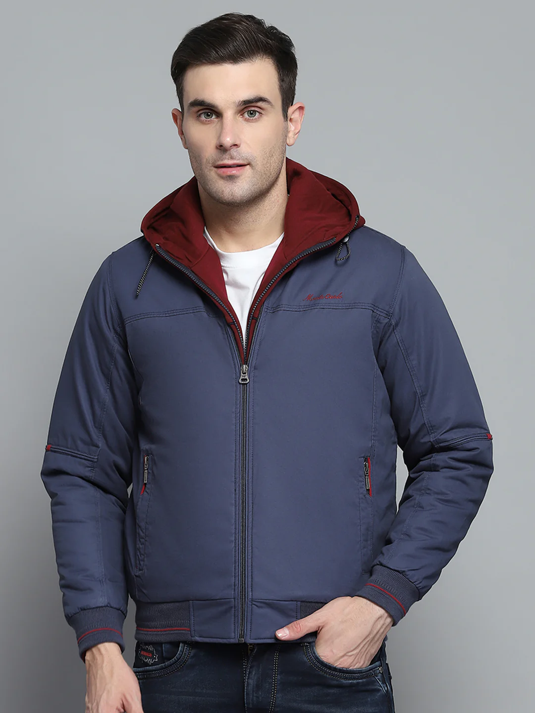 Men Blue Solid Hooded Full Sleeve Jacket