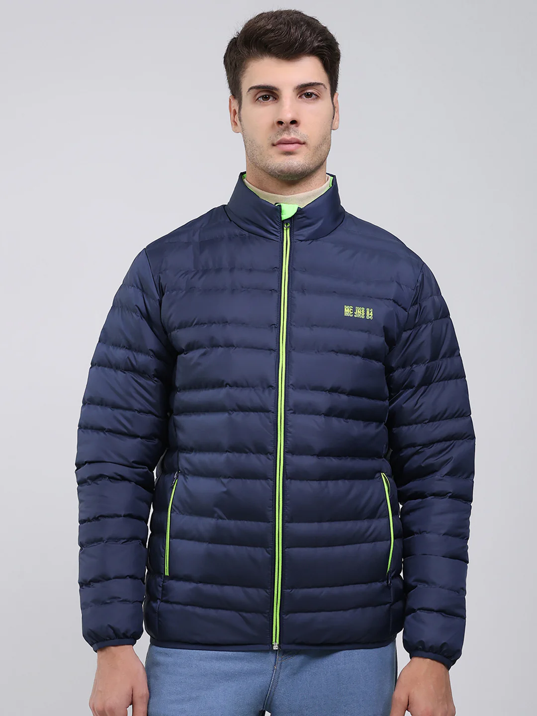 Men Blue Solid Mock Neck Full Sleeve Jacket