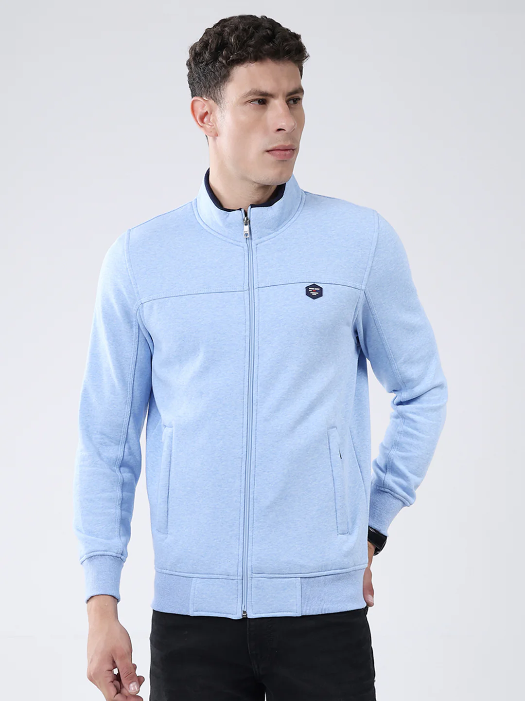 Men Blue Solid Mock Neck Full Sleeve Sweatshirt