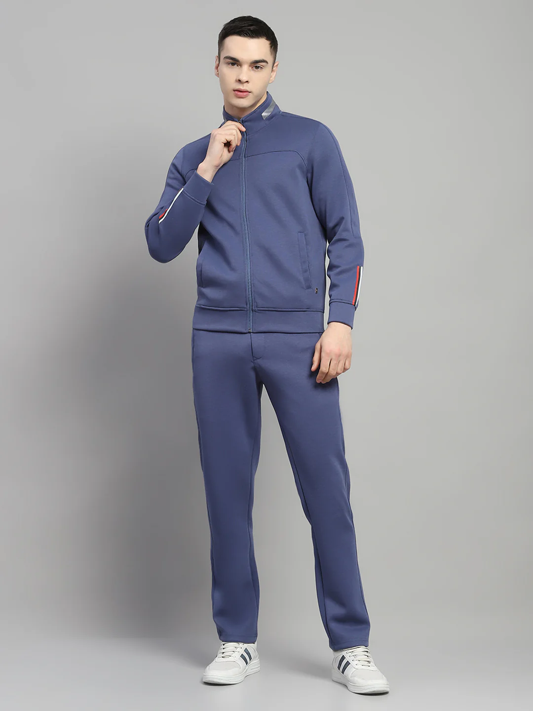 Men Blue Solid Mock Neck Full Sleeve Winter Tracksuit