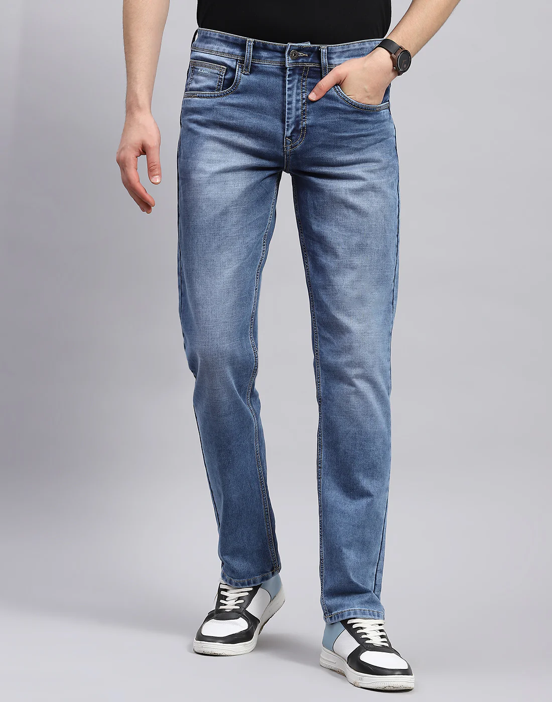 Men Blue Solid Regular Fit Denim