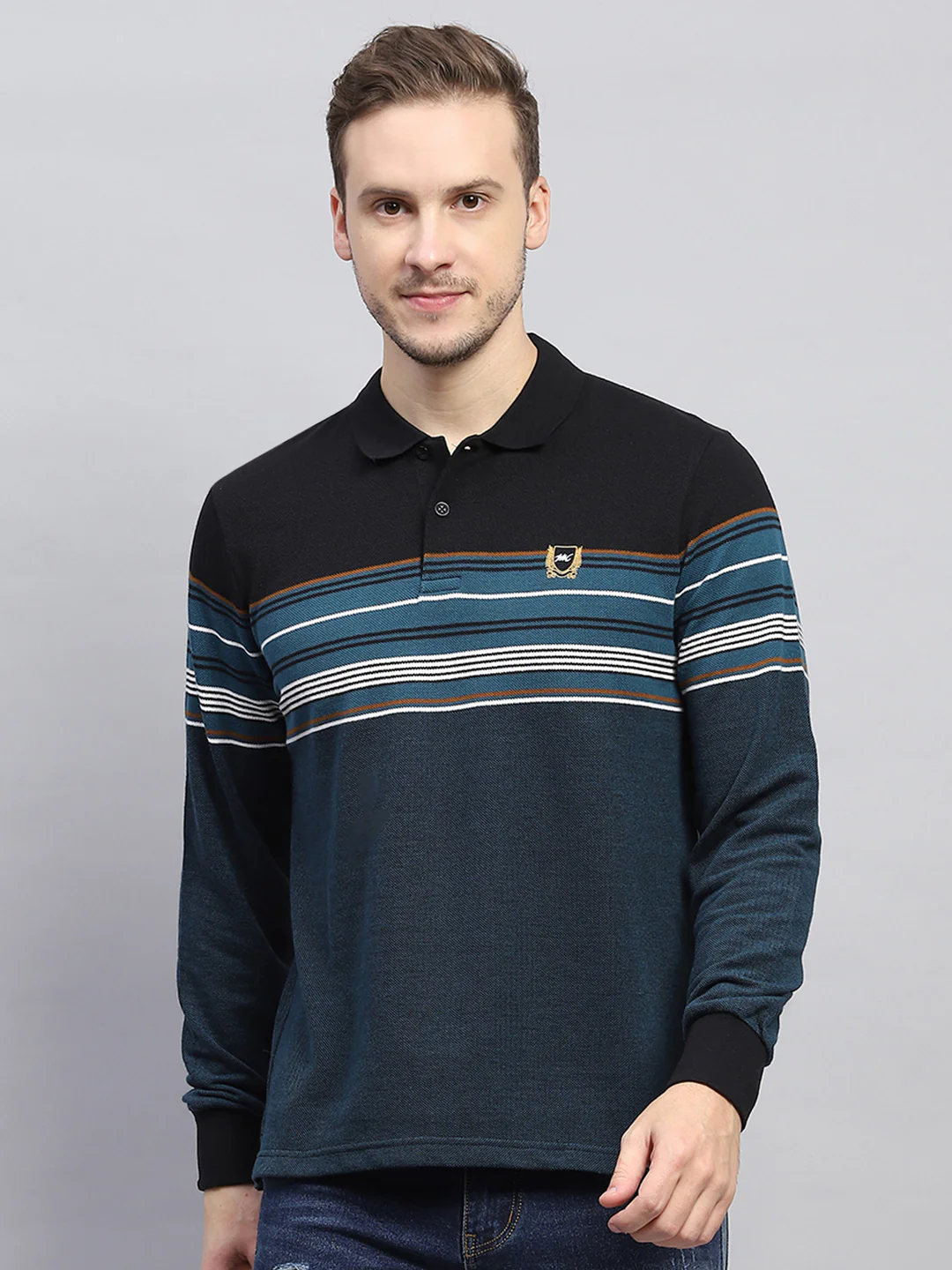Men Blue Stripe Collar Full Sleeve Winter T-Shirt
