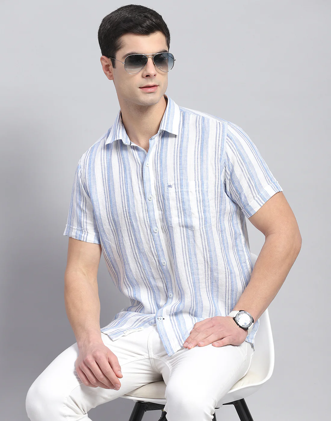 Men Blue Stripe Collar Half Sleeve Linen Shirt