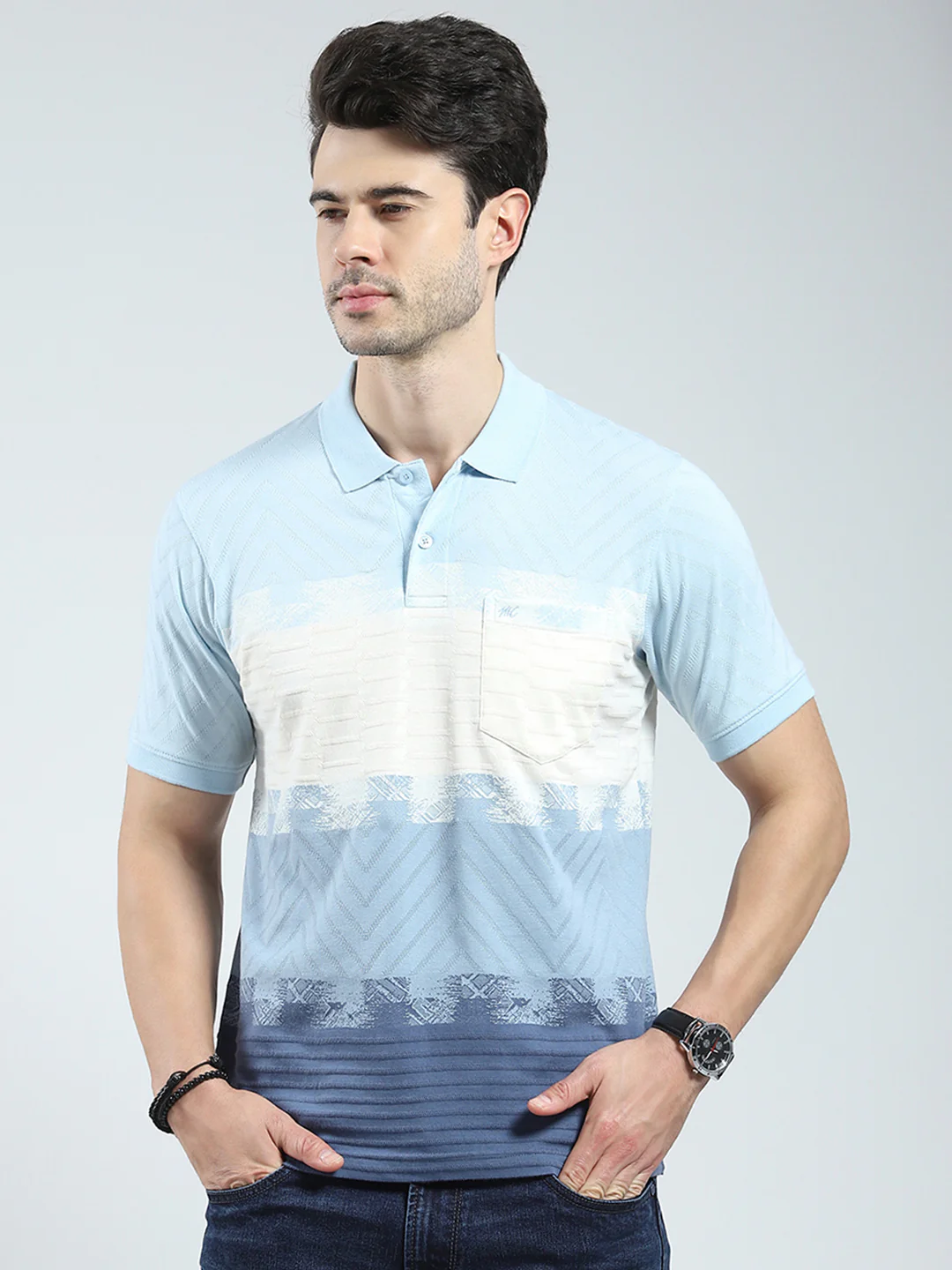 Men Blue Stripe Collar Half Sleeve T-Shirt