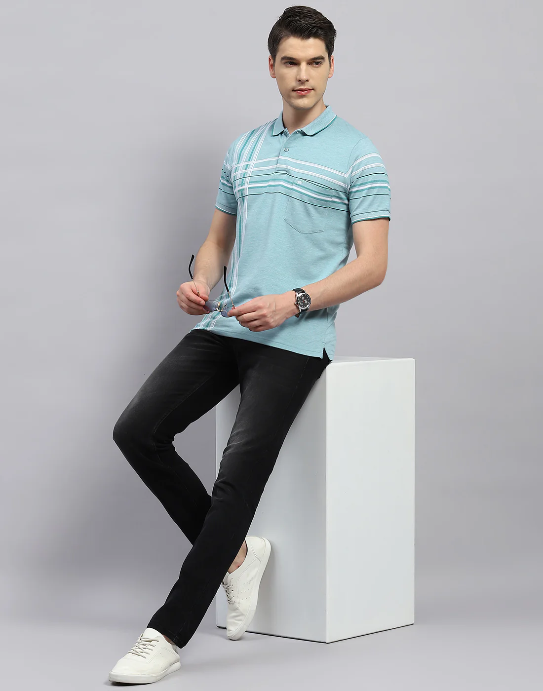 Men Blue Stripe Polo Collar Half Sleeve T-Shirt - Image 2