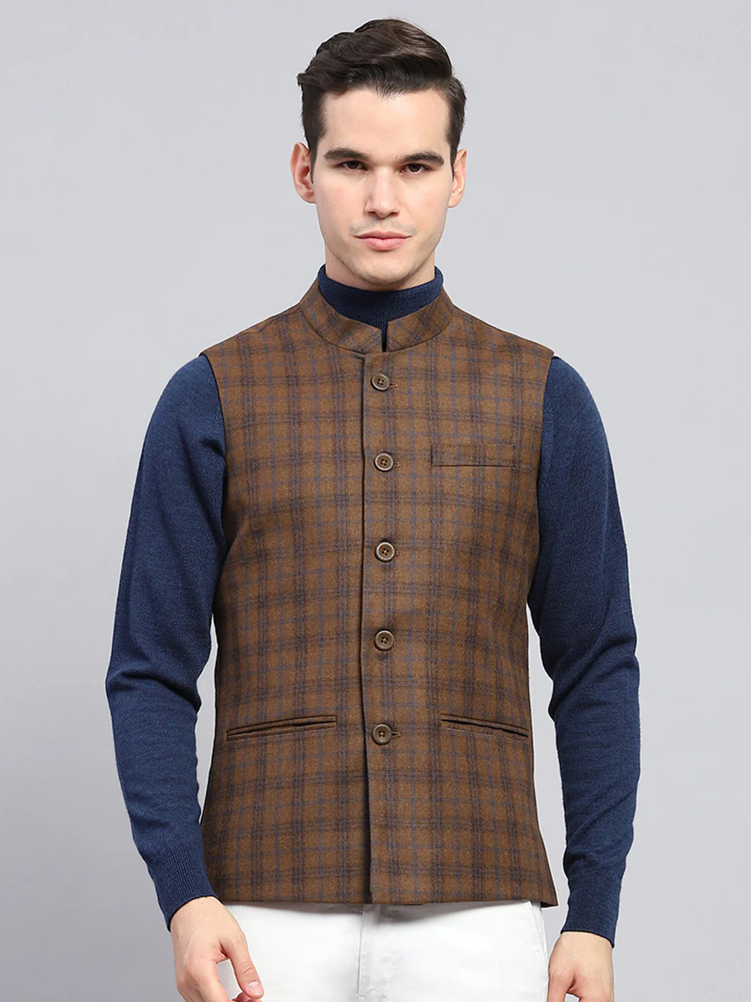 Men Brown Check Band Collar Sleeveless Jacket