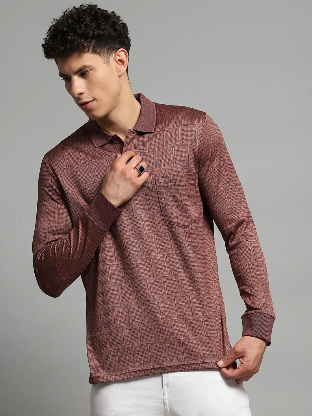 Luxuria Men Brown Self Design Collar Full Sleeve Winter T-Shirt