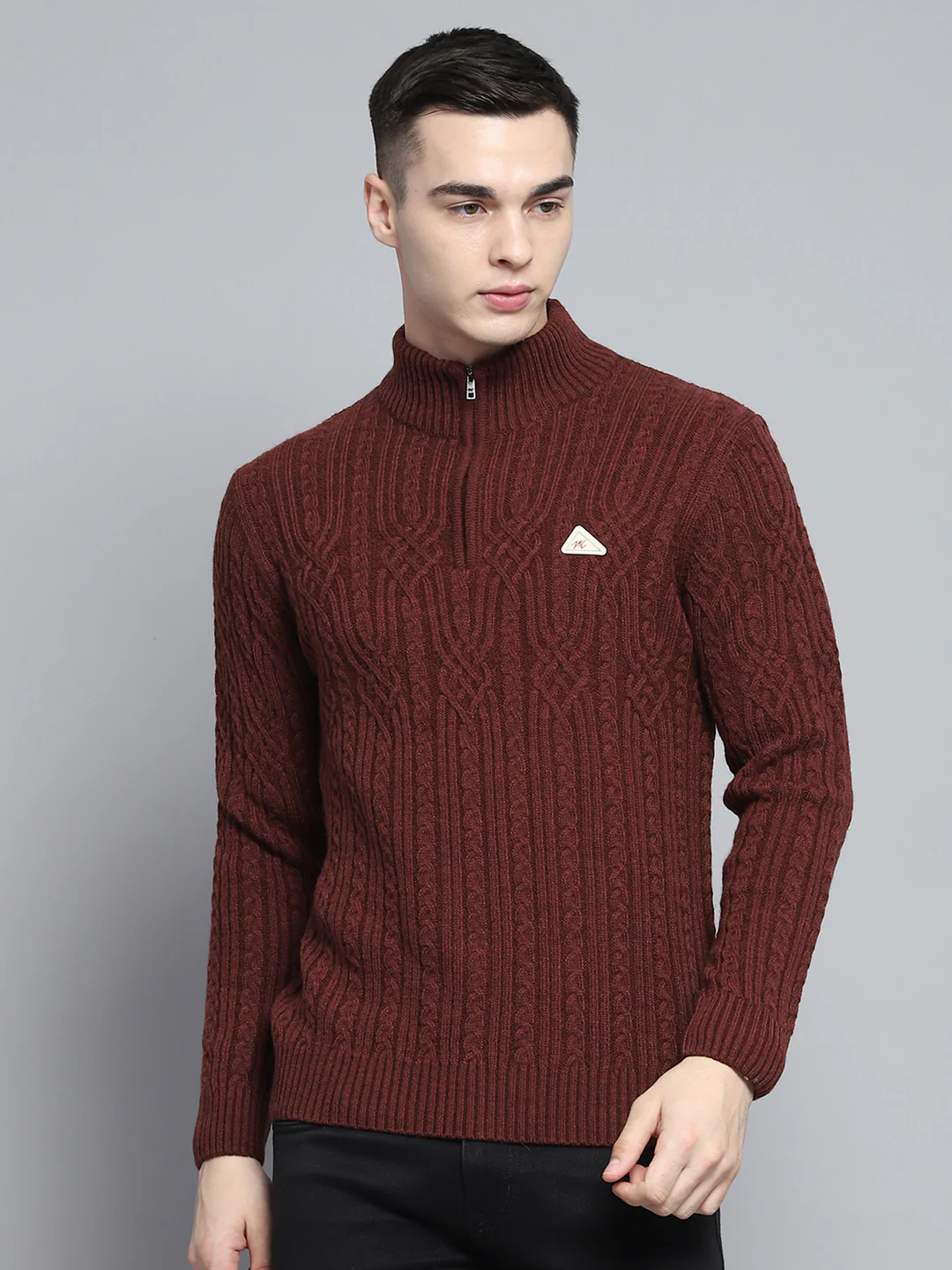 Men Brown Self Design Mock Neck Full Sleeve Pullover