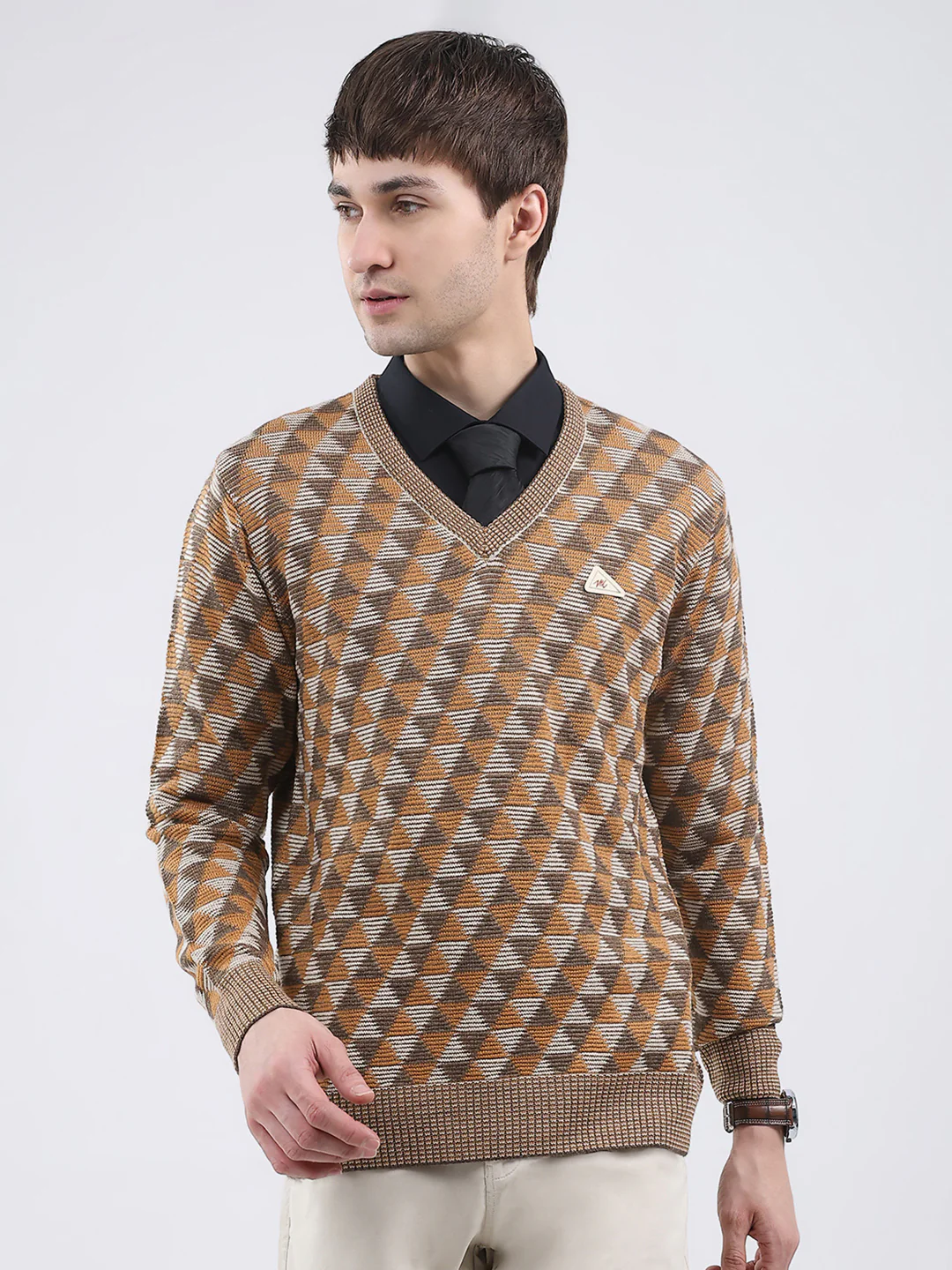 Men Brown Self Design V Neck Full Sleeve Pullover