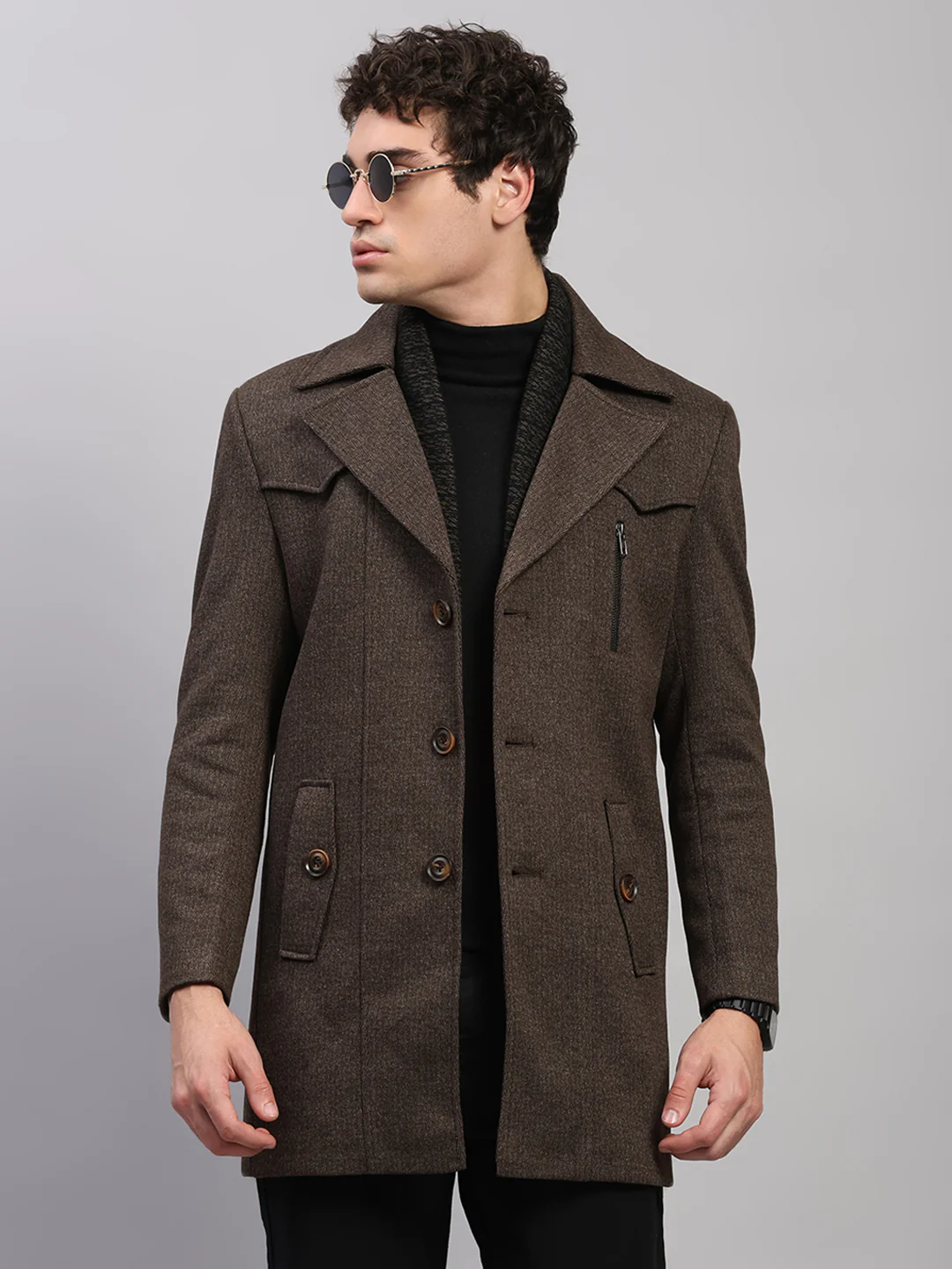 Men Brown Solid Collar Full Sleeve Coat