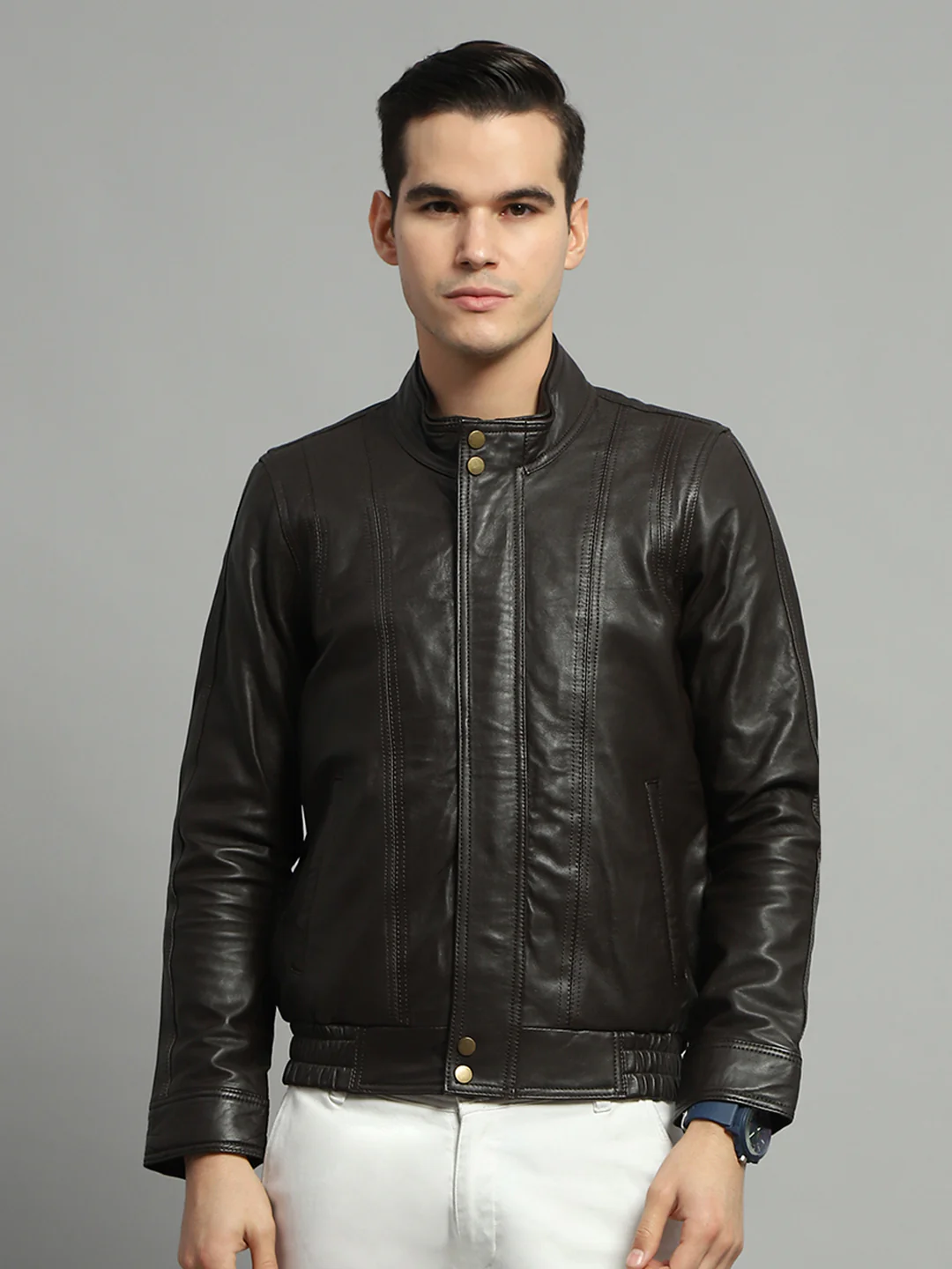 Luxuria Men Brown Solid Mock Neck Full Sleeve Leather Jacket