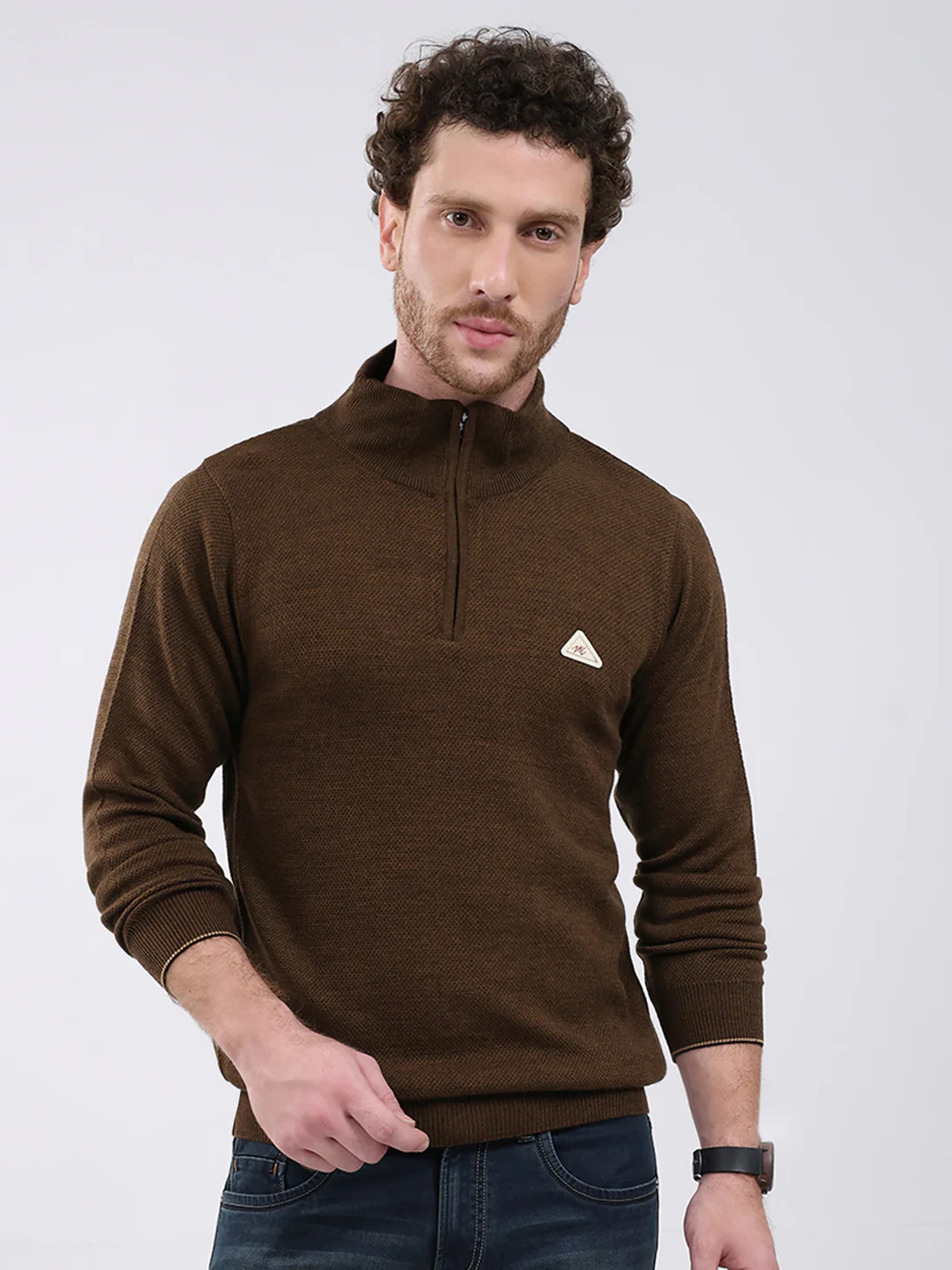 Men Brown Solid Mock Neck Full Sleeve Pullover