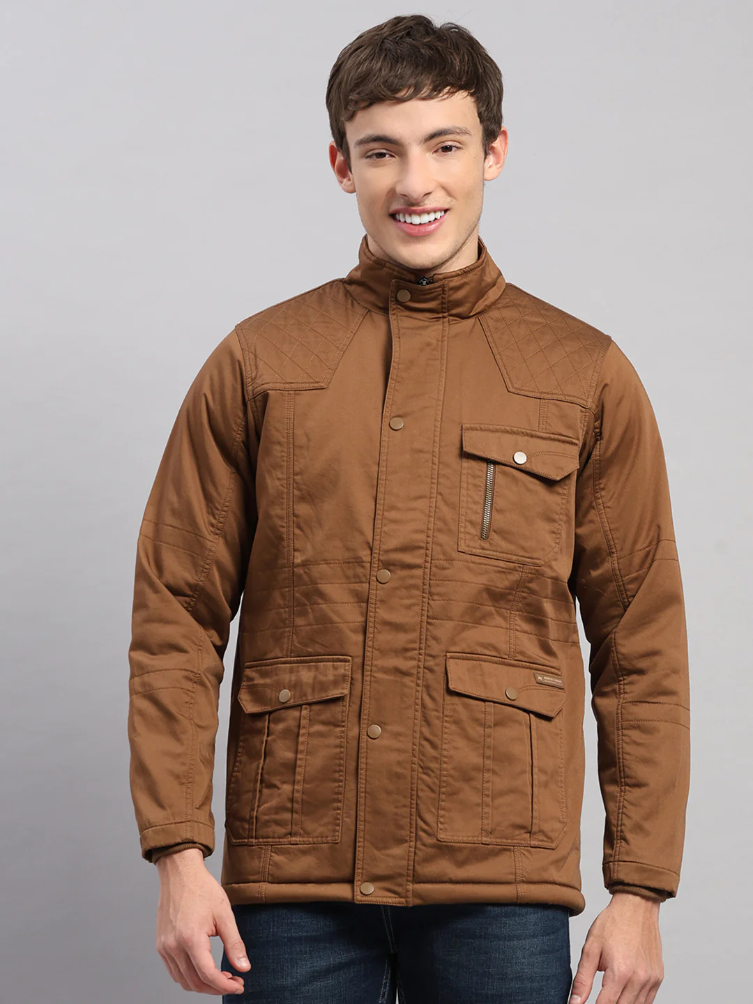 Men Brown Solid Stand Collar Full Sleeve Jacket