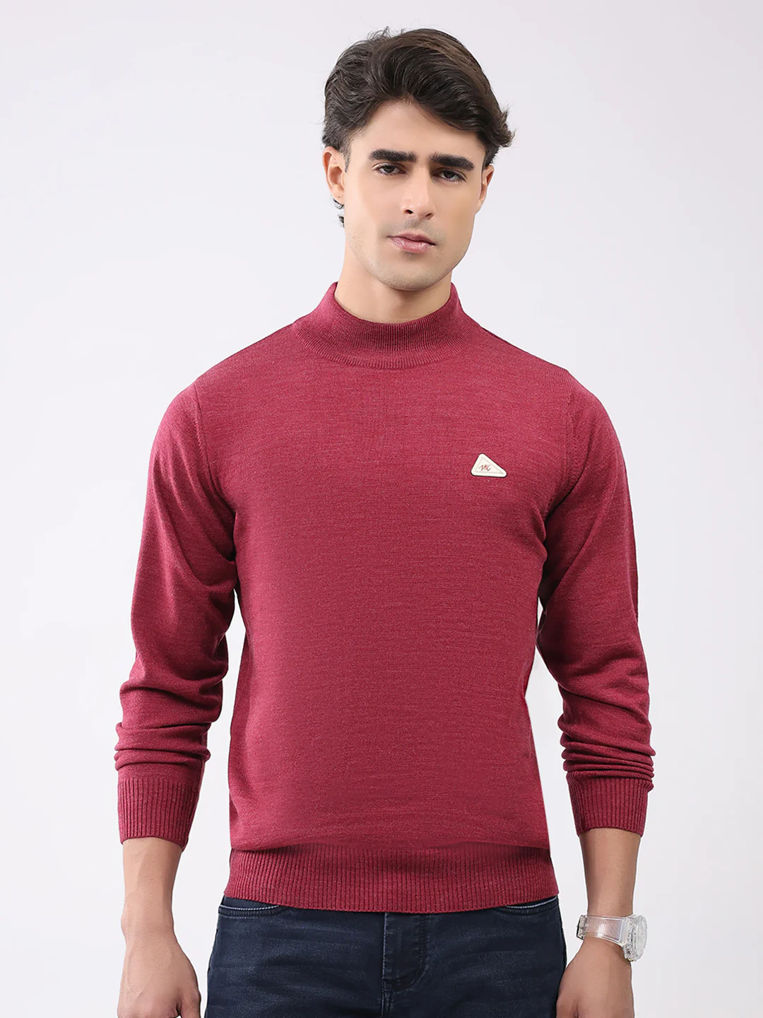 Men Brown Solid T Neck Full Sleeve Pullover