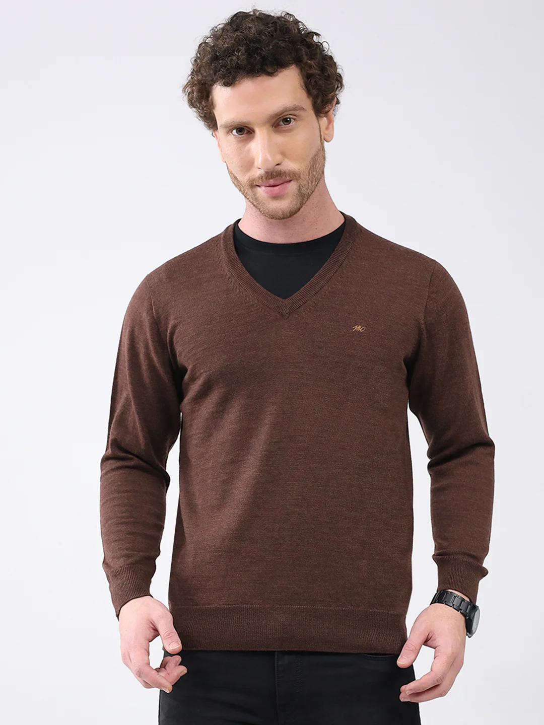 Men Brown Solid V Neck Full Sleeve Pullover