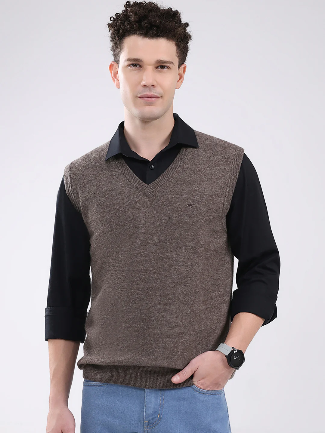 Men Brown Solid V Neck Sleeveless Sweater