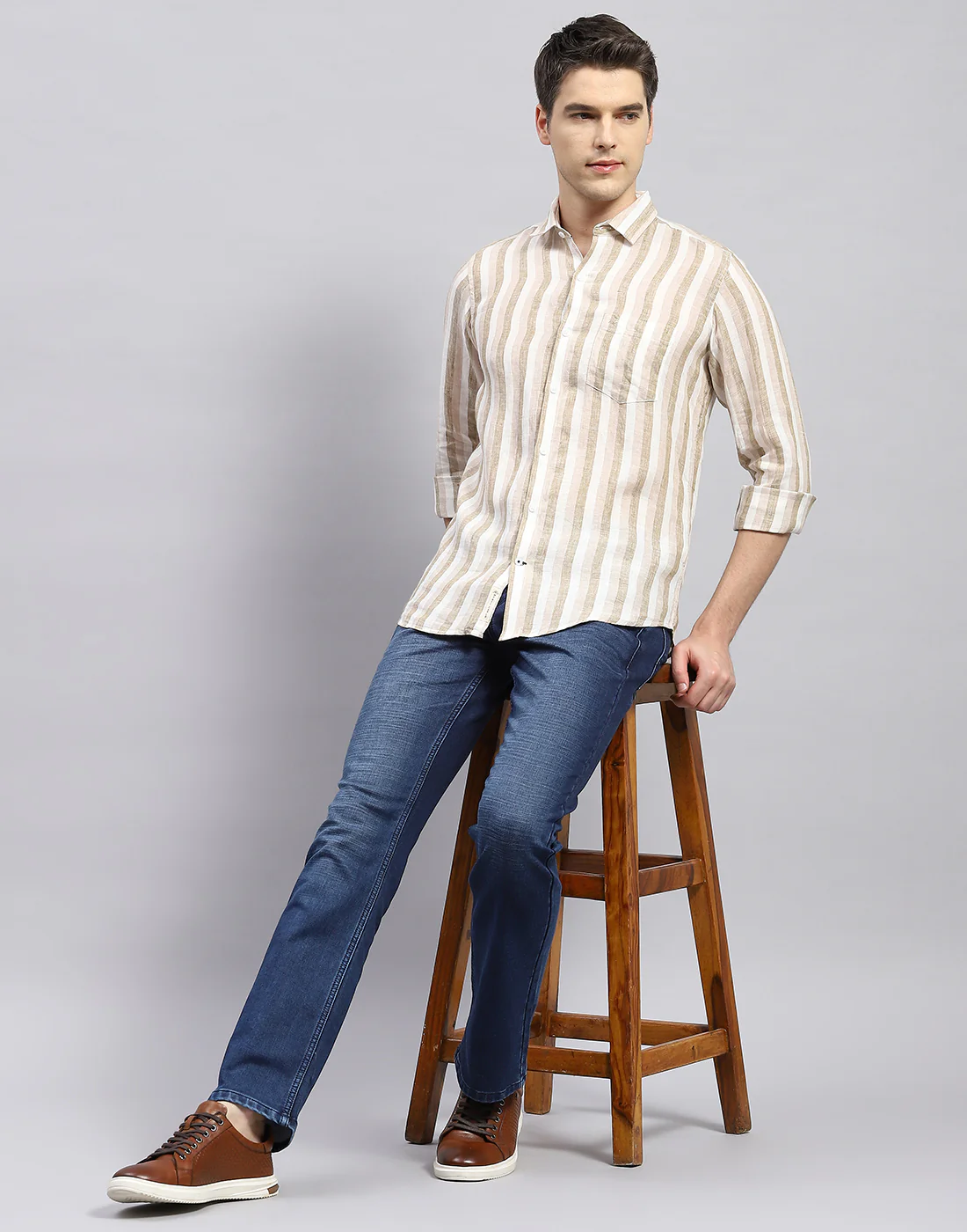 Men Brown Stripe Collar Full Sleeve Linen Shirt - Image 2