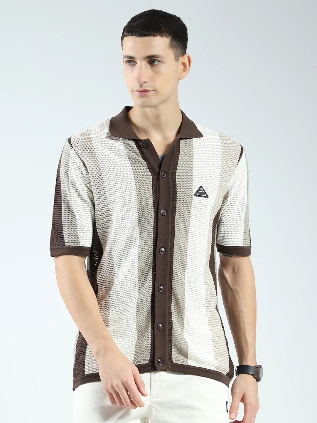 Rock.it Men Brown Stripe Collar Half Sleeve Shirt