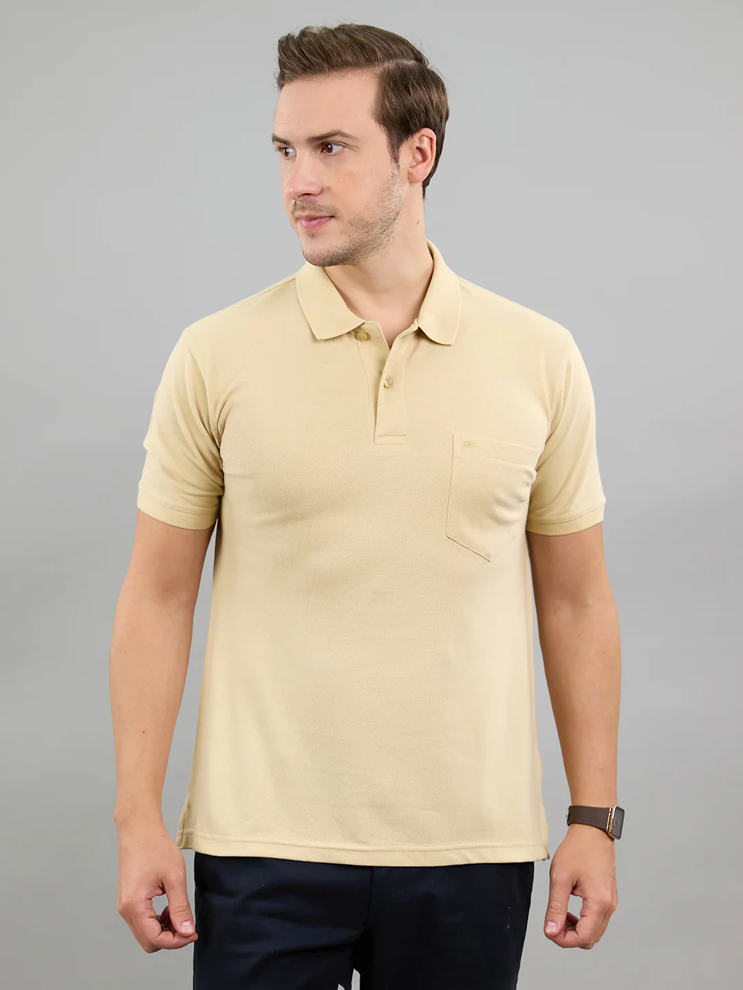 Men Camel Brown Solid Polo Collar Half Sleeve T-Shirt